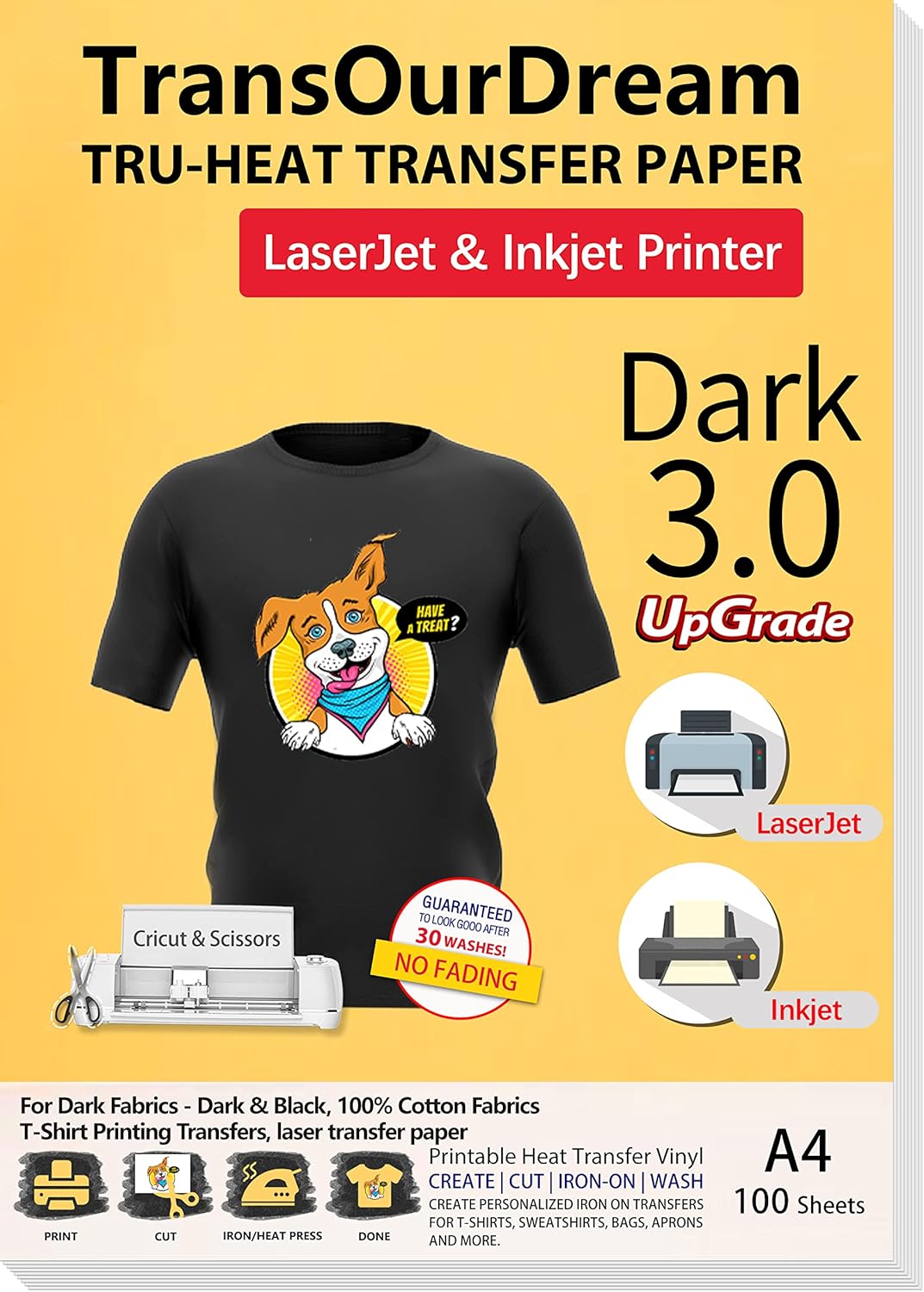 TransOurDream Iron on Heat Transfer Paper for Dark T Shirts (100 Sheets A4, Dark 3.0) Printable