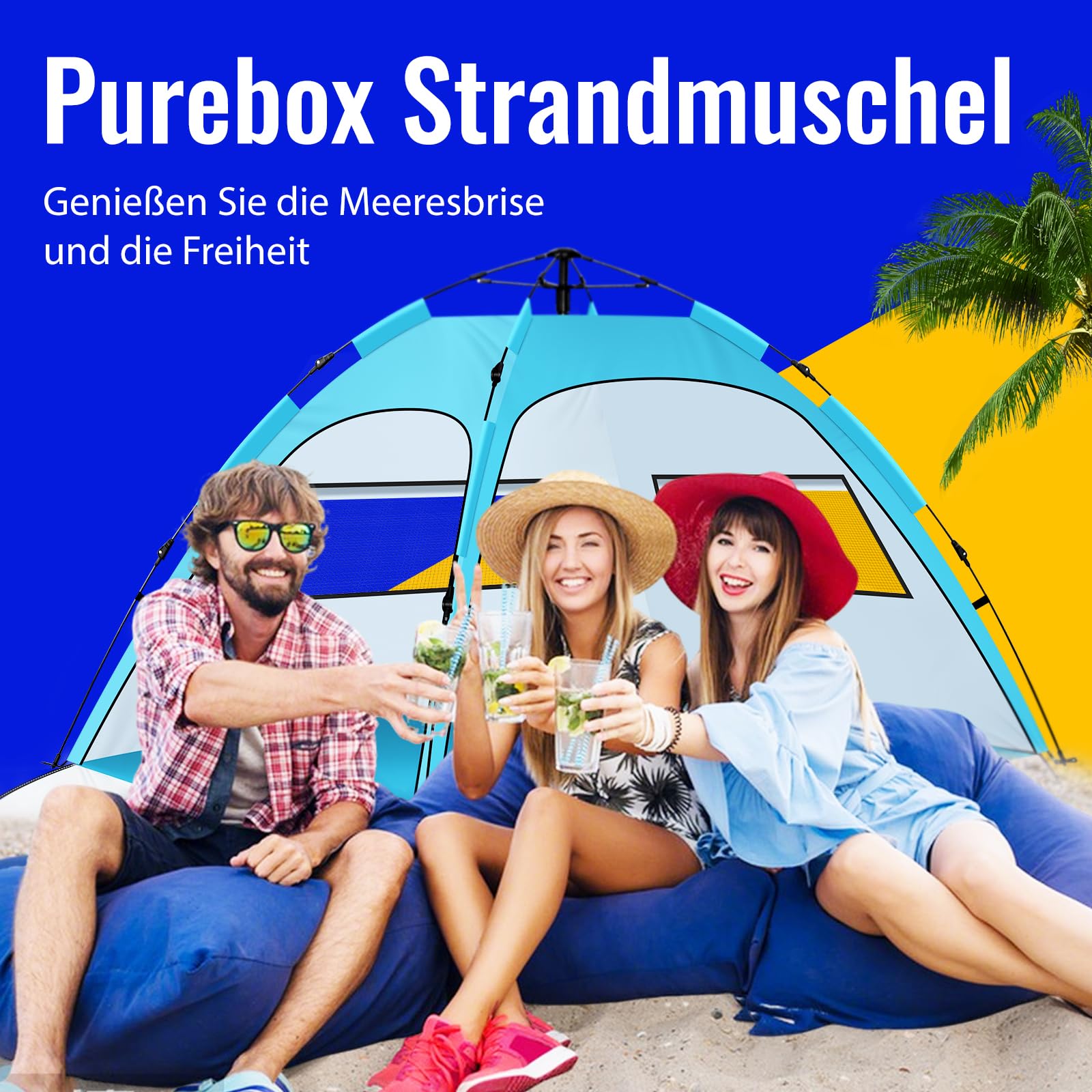 Purebox Strandmuschel, Strandzelt für 2-4 Personen, tragbares automatisches Strandzelt, UV50+ Schutz mit Doppeltüren, Strandmuscheln Geeignet für Familien-Strandcamping, Gartengrill, Wanderzelt