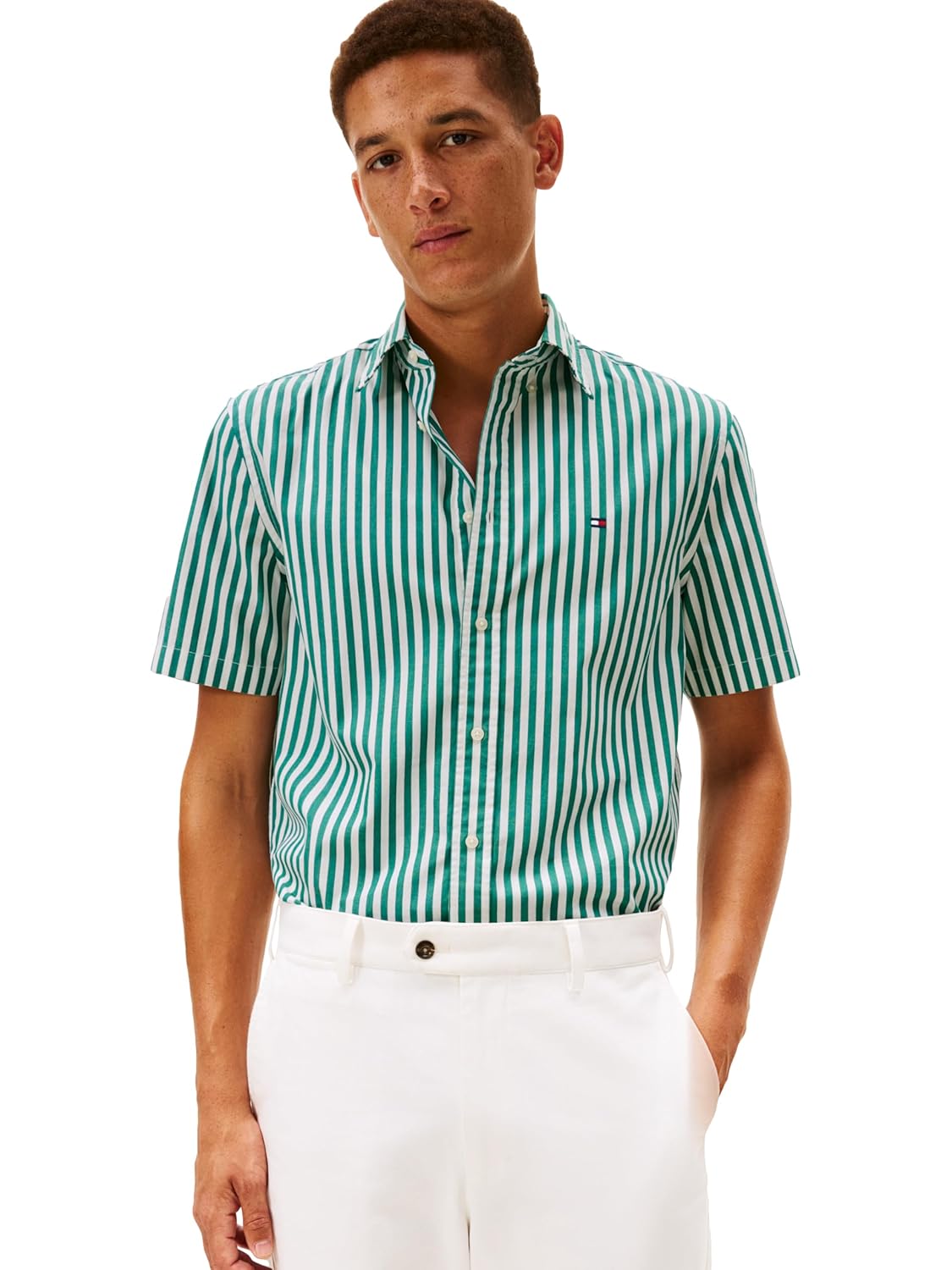 Tommy Hilfiger Mens Short Sleeve Poplin Shirts in Regular Fit, Men's Button Down Shirts