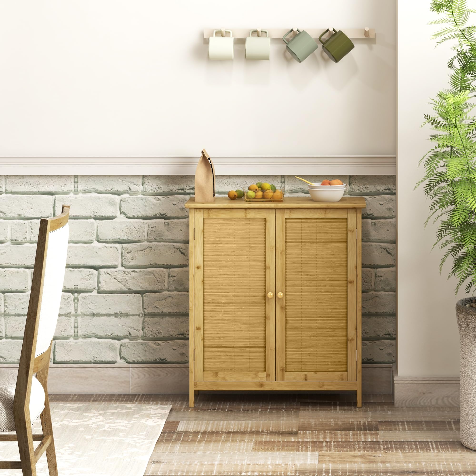 HOMCOM Aparador de Bambú de 2 Puertas con 2 Estantes 60x27x67,5 cm Natural | Aparador de Salón Bohemio, Entrada, Cocina, Dormitorio