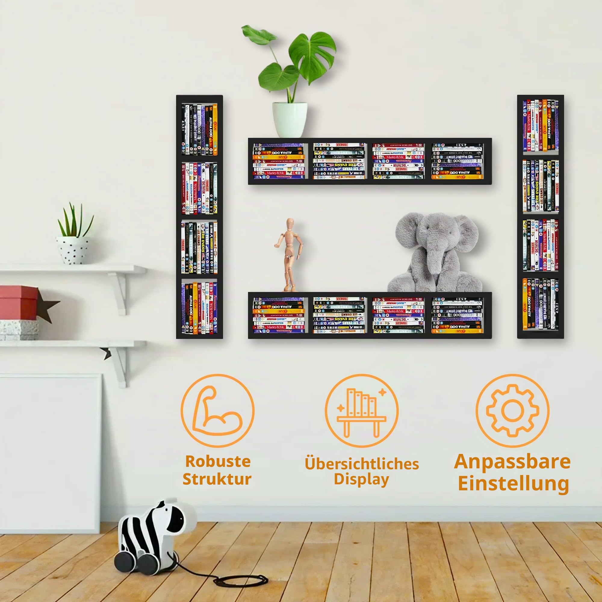 Royxen DVD-Regal, schwimmend, Metall, 86,4 cm, DVD-Aufbewahrungsregale, Wandmontage, Schwarz, 2 Stück