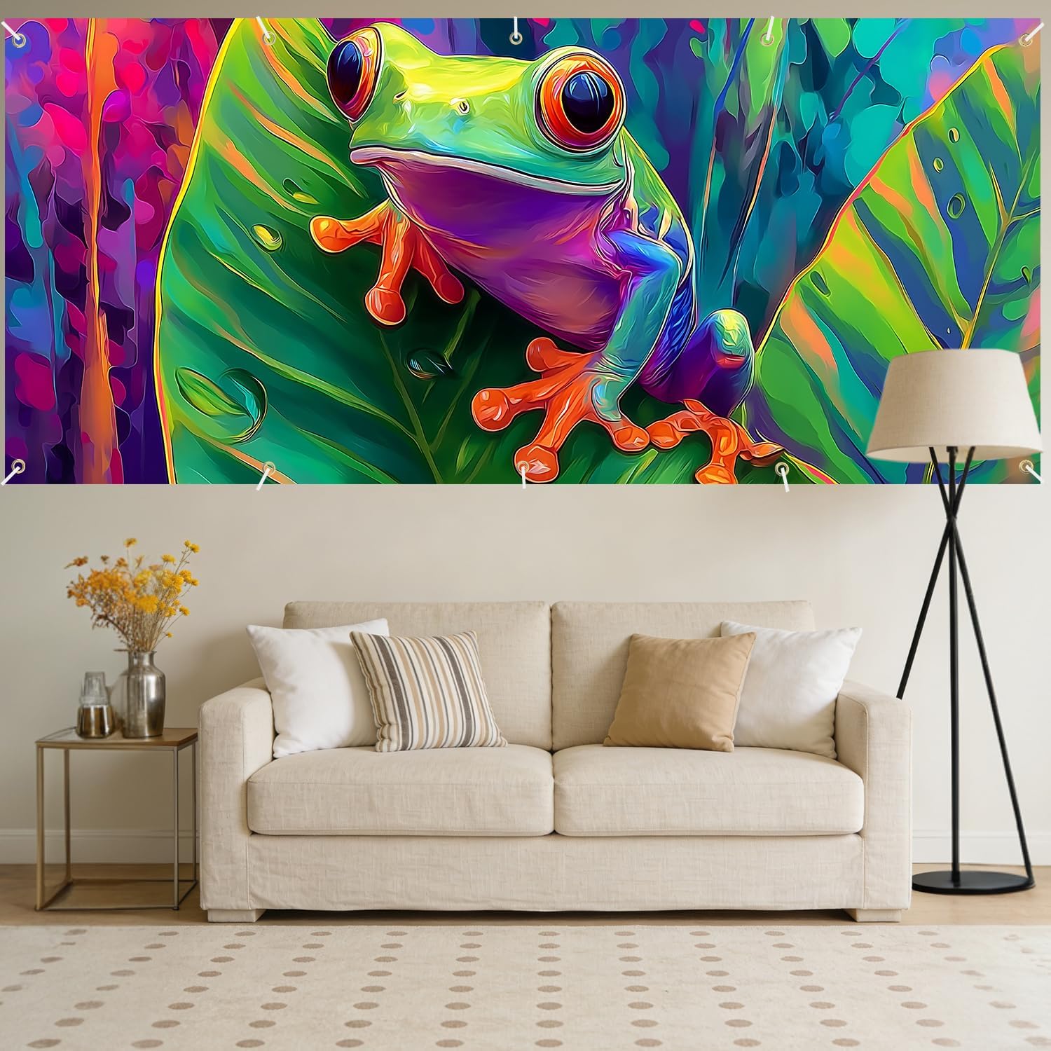 7x16 FT Red-Eyed Tree Frog Garage Door Banner - Vibrant Tropical Jungle Art, Large Indoor Outdoor Cover,Nature Theme Decoration for Home,Yard, Kids' Playroom