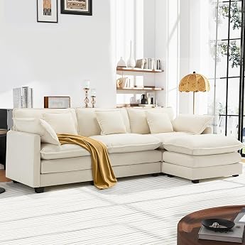 Urhanherry L-Form Cloud Sofa Modular Sectional Sofa 4-Seater with Ottoman Modern Sofa with Armrests/Decorative Cushion Breathable Chenille Fabric L Couch for Living Room Beige