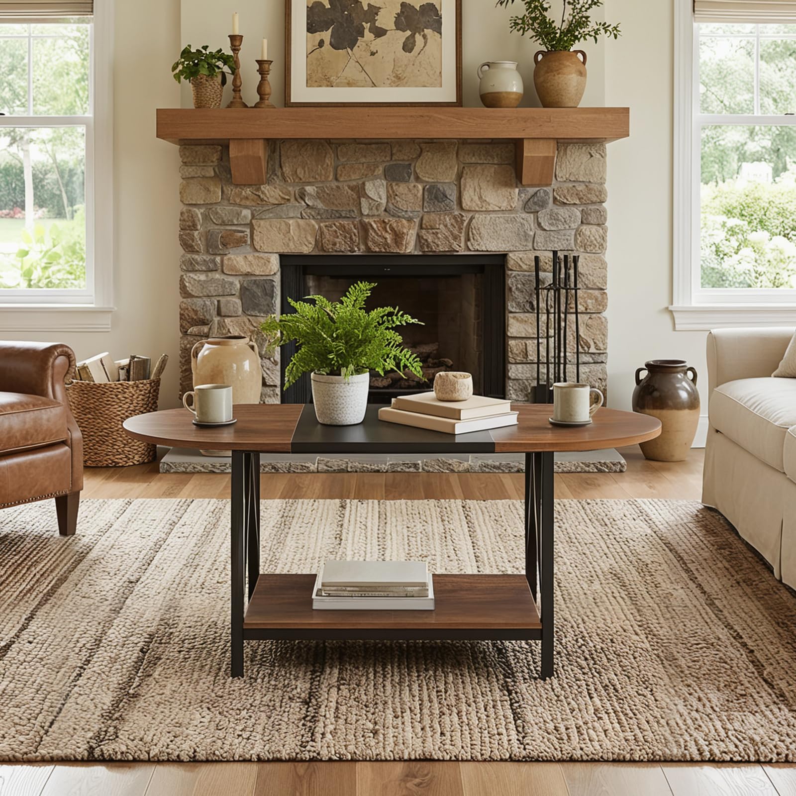 HOOBRO Coffee Table for Living Room 2-Tier Oval Coffee Table Industrail Centre Table with Open Shelf for Small