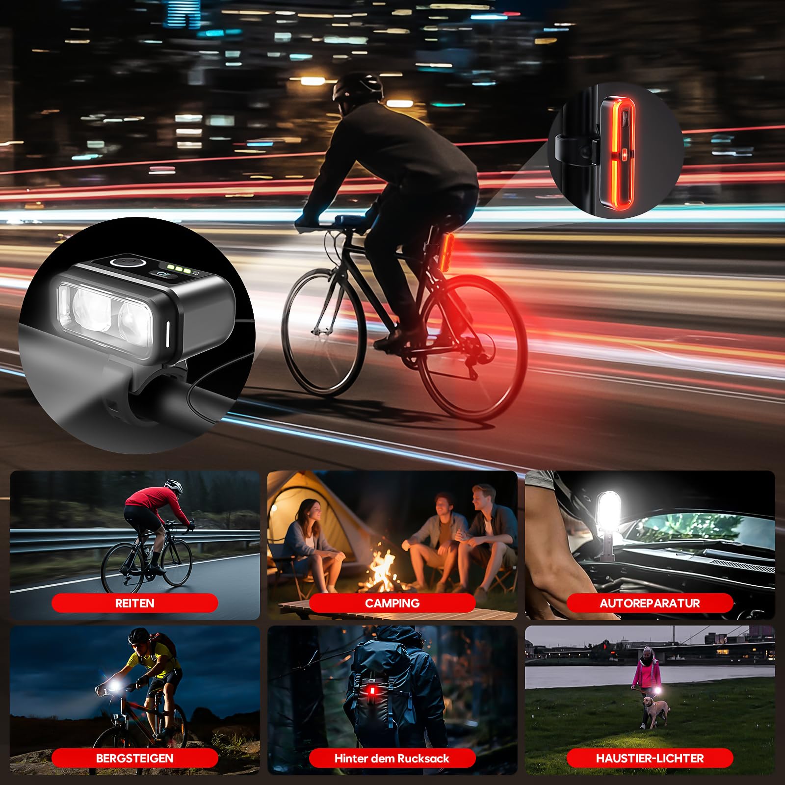 Fahrradlicht Set 100LUX, Fahrradrücklicht Mit Bremsfernlichtfunktion, Aufladbar Fahrradlampe mit 3200mAh Akku, StVZO zugelassen, IPX5 Wasserdicht Frontlicht & Rücklicht Set für Fahrrad MTB Ebike