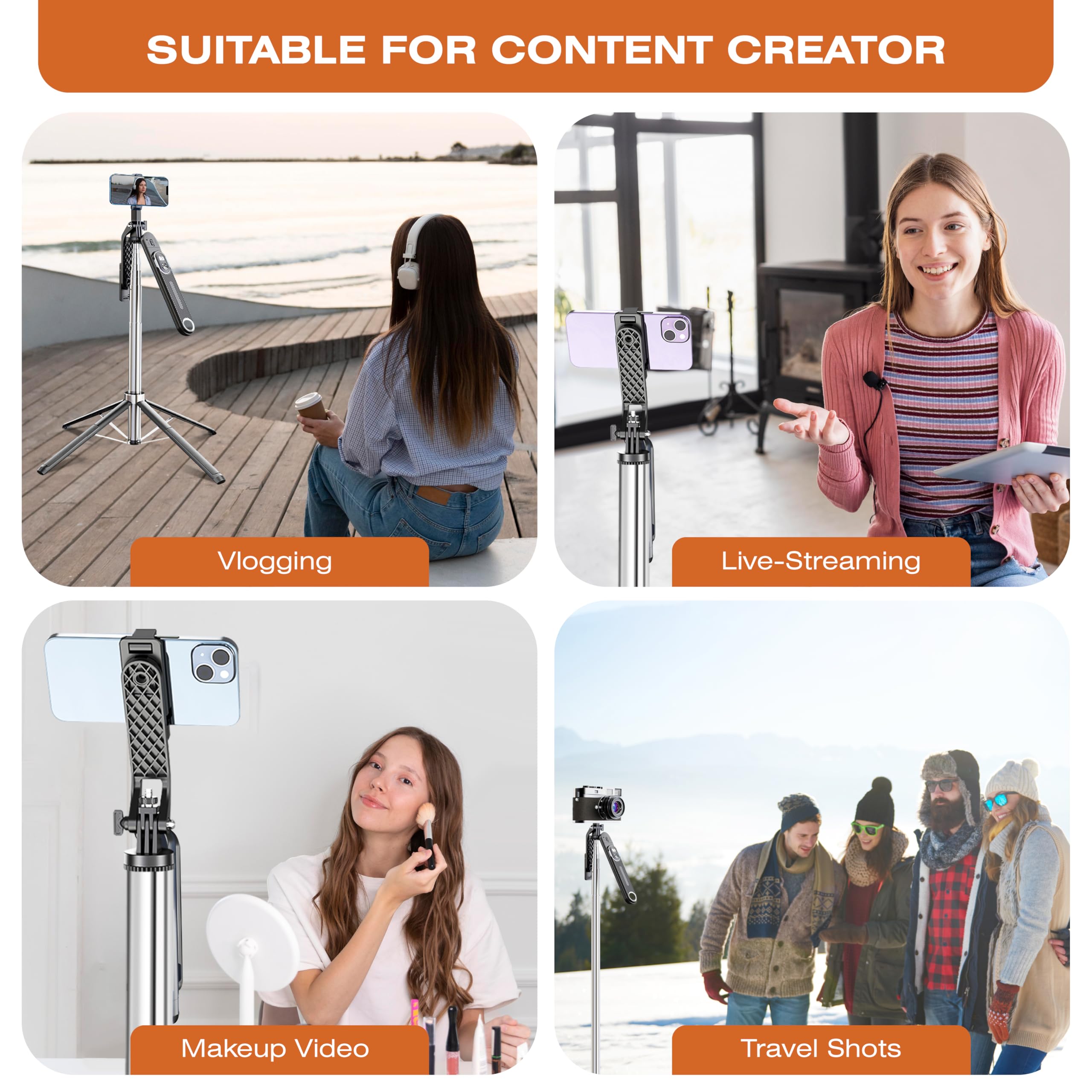 Dravina Selfie Stick with Rechargeable Remote. 180cm Tripod Stand with Stable 4 Leg Design, 360° Rotation, 270° Tilt, Balance Handle Tripod for iPhone, Camera, Gopro, Ring Light, Shooting 1