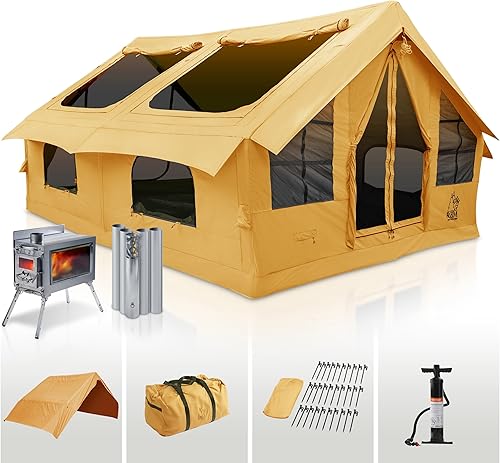 Panda Inflatable Tents for Camping with Stove Jack, Canvas Blow Up, Easy Setup Inflatable Tent, Waterproof Hot Inflatable Outdoor House, Casa de