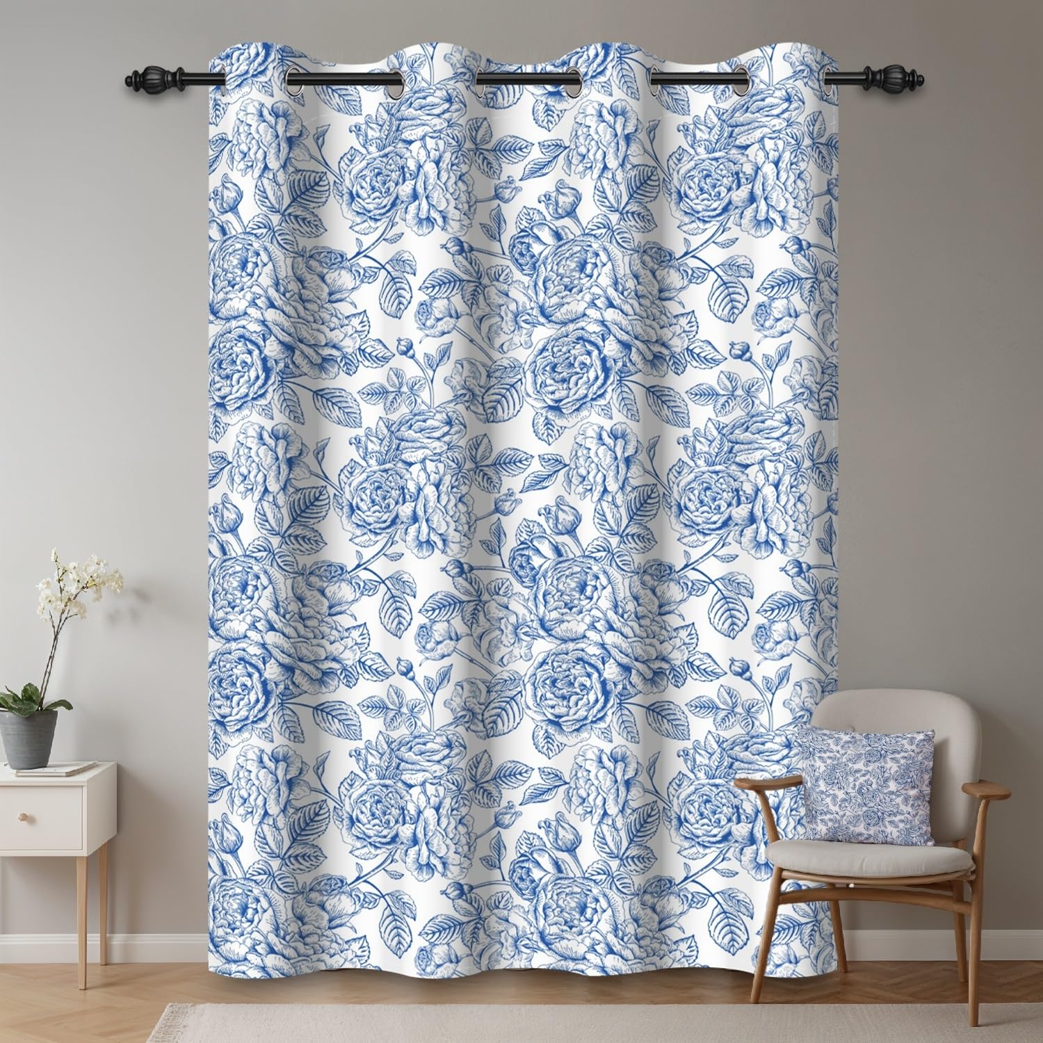 135x245cm Rideau occultant à Motif Floral Fleur de Roses Bleues Rétro Peinture Rideaux œillets Isolation Thermique Traitements fenêtre à œillets pour Salon Chambre Salle à Manger 1 Panneau