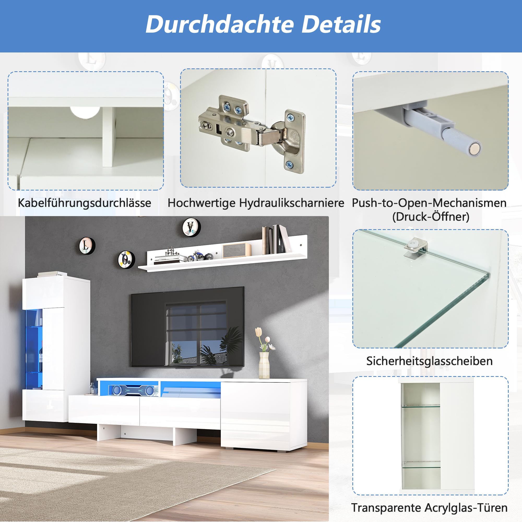 Kebnor TV Wohnwand Set 3-teilig, Hochglanz TV Wohnzimmermöbel-Set mit LED, modernes TV-Schrank,stehend und hängend, Acryl-Schranktüren, Glastrennwand, Weiß, TV bis 70' (Weiß 2)