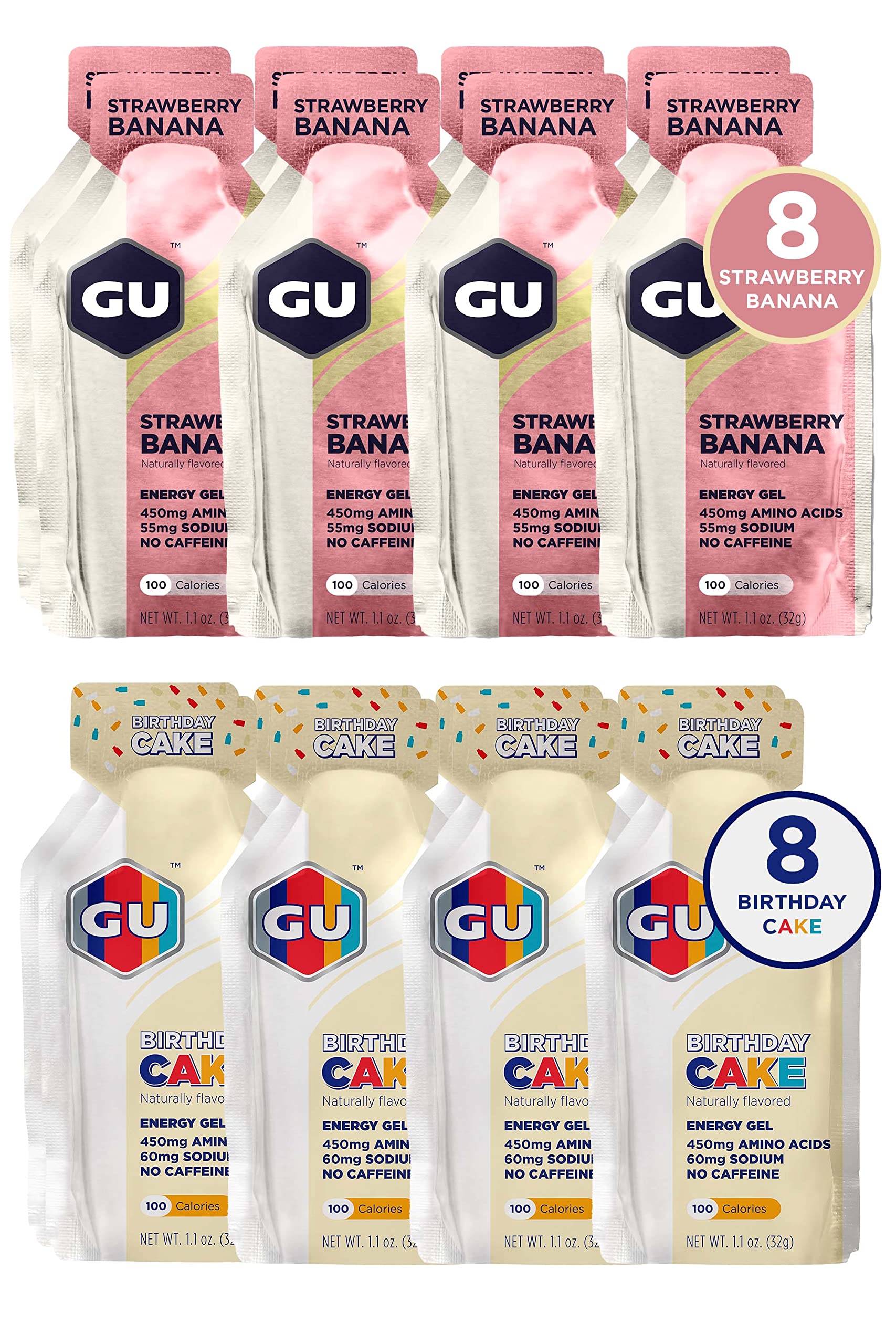 GU Energy Gel Energético Variado Morango com Banana e Birthday Cake — 16 sachês