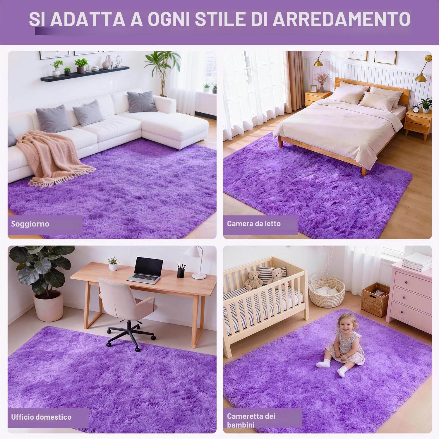 Tappeto Peloso Soggiorno Tappeti per Grandi Dimensioni Salotto Moderno cameretta Bimba tappeti,Tappeto morbido e Antiscivolo soffice per la camera da letto(Viola,80 x 150 cm)