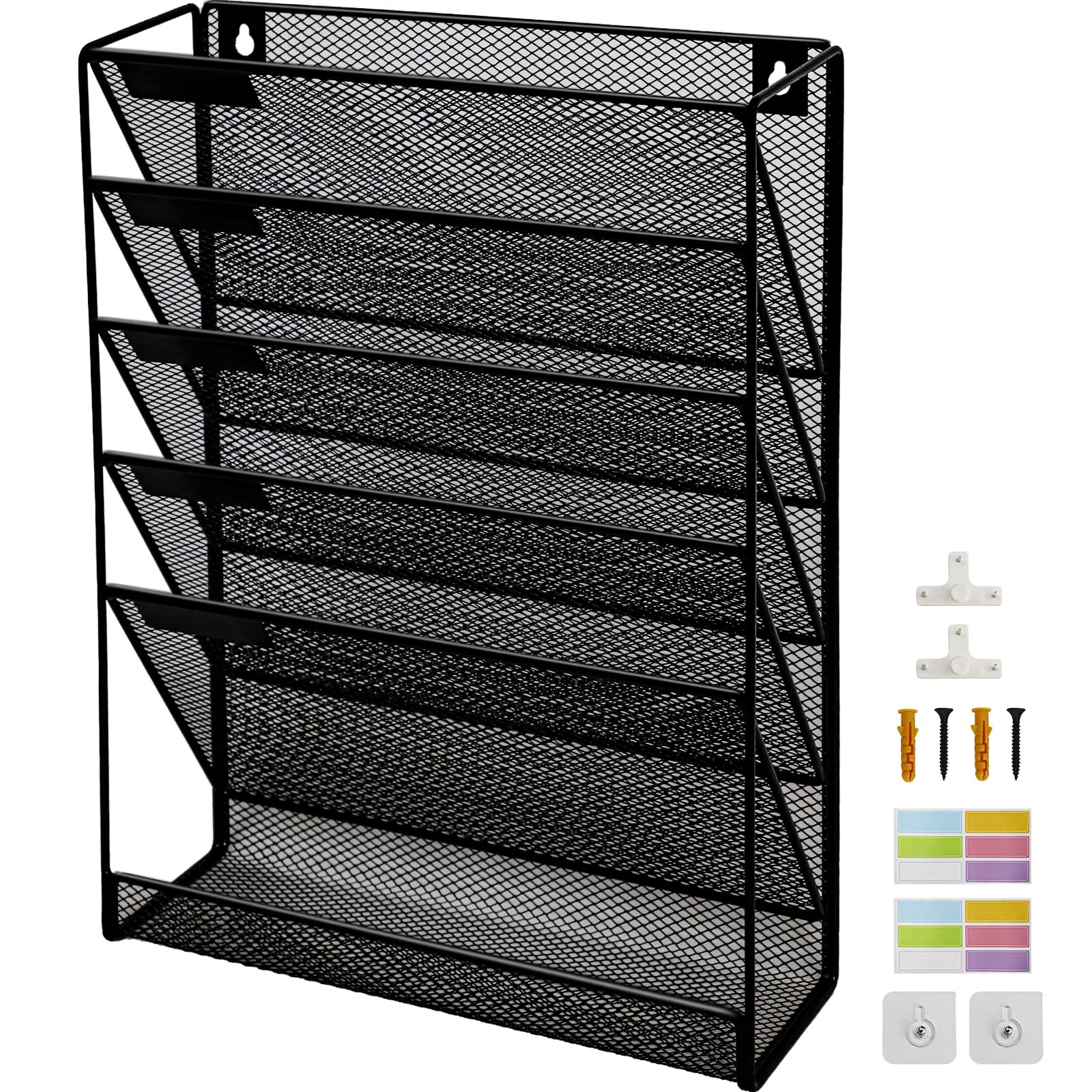 6 Tier Upgrade Mesh Wall File Holder Organizer with Bottom Flat Tray, Medium Mesh Vertical Hanging File Organizer, Office Hanging File Folder Magazine Rack, Nametag Label Hooks Set Included, Black