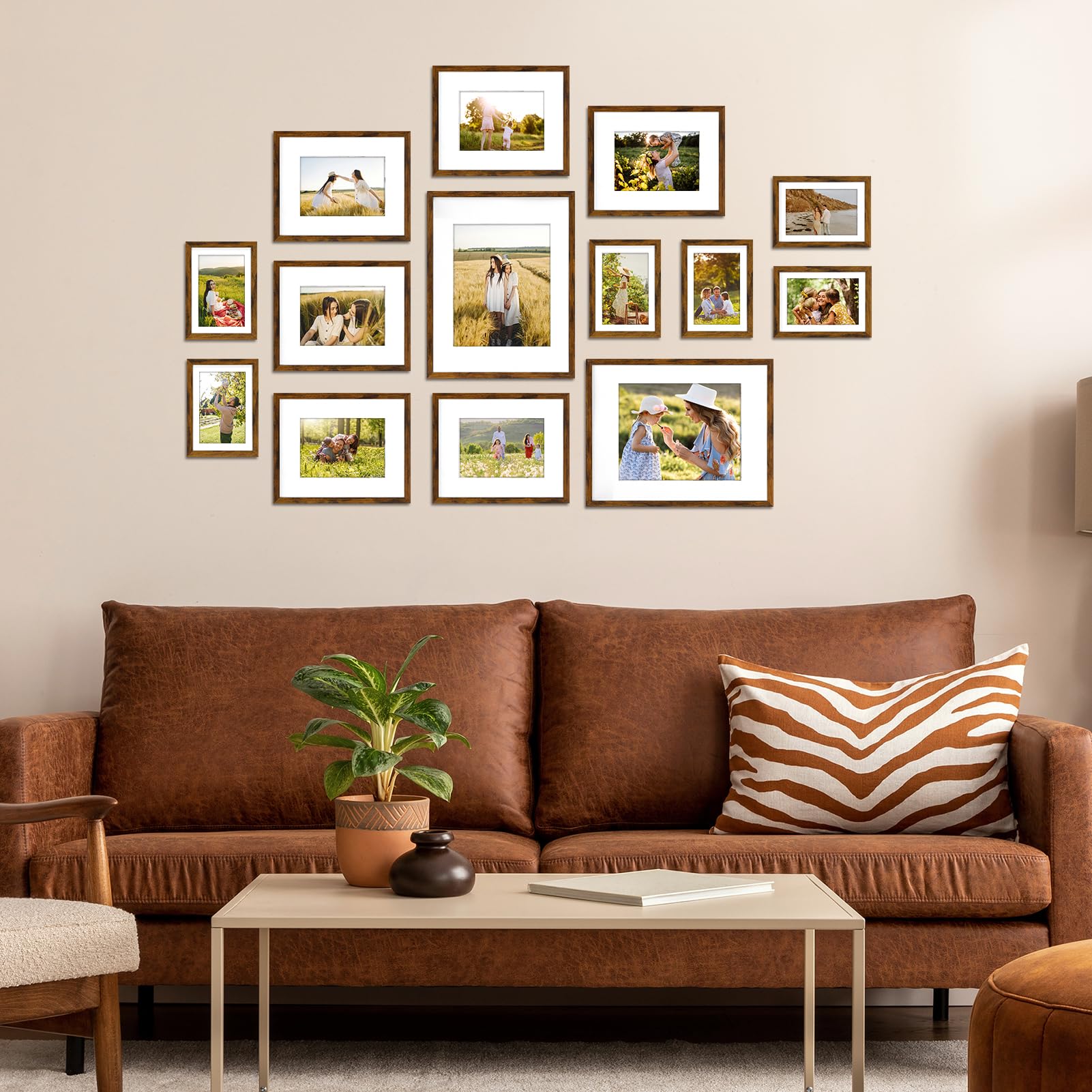 Giftgarden 14 braune Bilderrahmen mit Passepartout für verschiedene Größen Fotos, sortiert, mattiertes Rahmen-Set inklusive zwei 28 x 35 cm, sechs 20 x 25 cm, sechs 12 x 17 cm, Galerierahmen-Collage