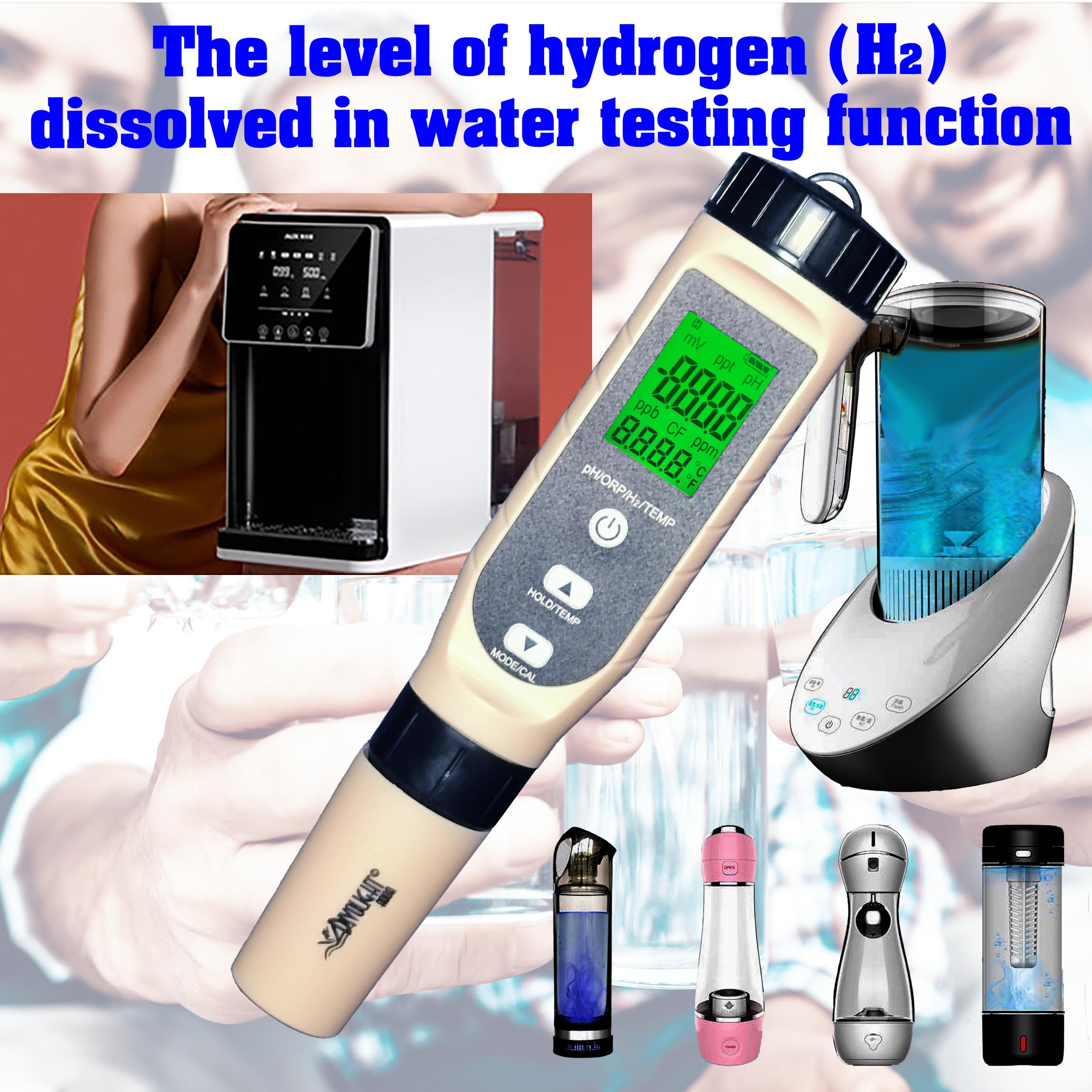 Medidor digital de pH/ORP/H2/temperatura 4 en 1 con ATC, resolución 0.01, probador de concentración de hidrógeno de alta precisión para agua potable, acuarios, piscina, laboratorio