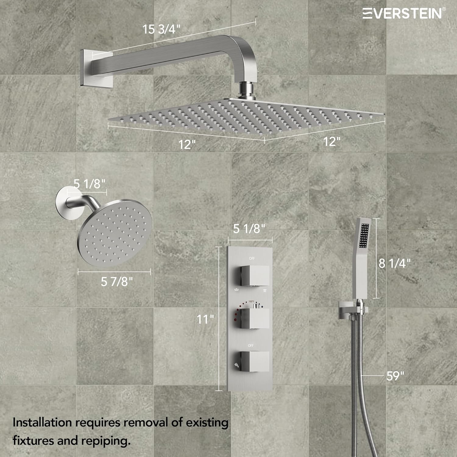 Diagram showing dimensions of the 12-inch rainfall shower head, 6-inch shower head, control panel, and handheld shower.
