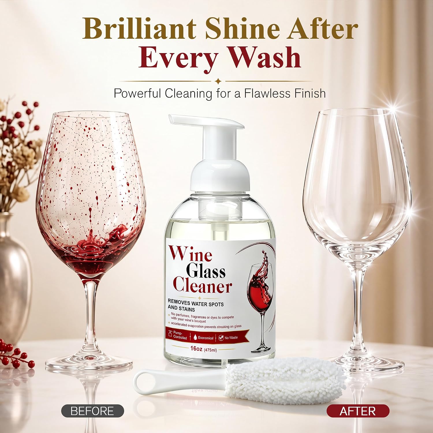 Wine Glass Cleaner Kit 16 oz, Wine Glass Cleaning Foam Solution with Brush