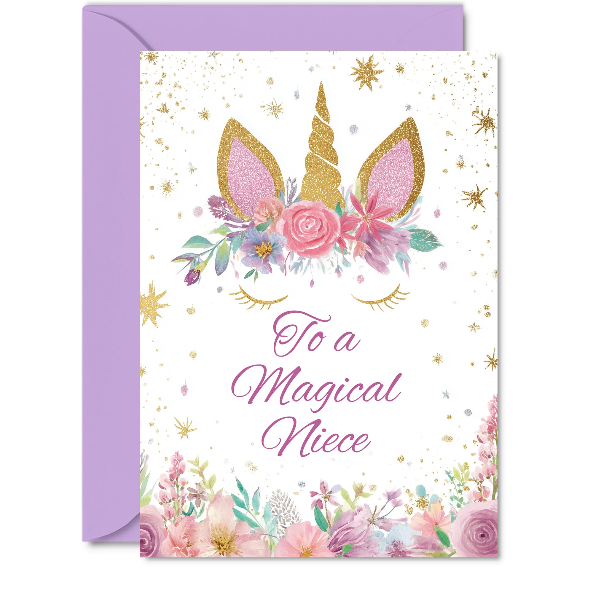 Sweet Birthday Card for Niece - Make Her Day Sparkle - Whimsical Unicorn with Flowers and Gold Accents - Delightfully Magical Vibe - 5X7 Inch, Envelope Included