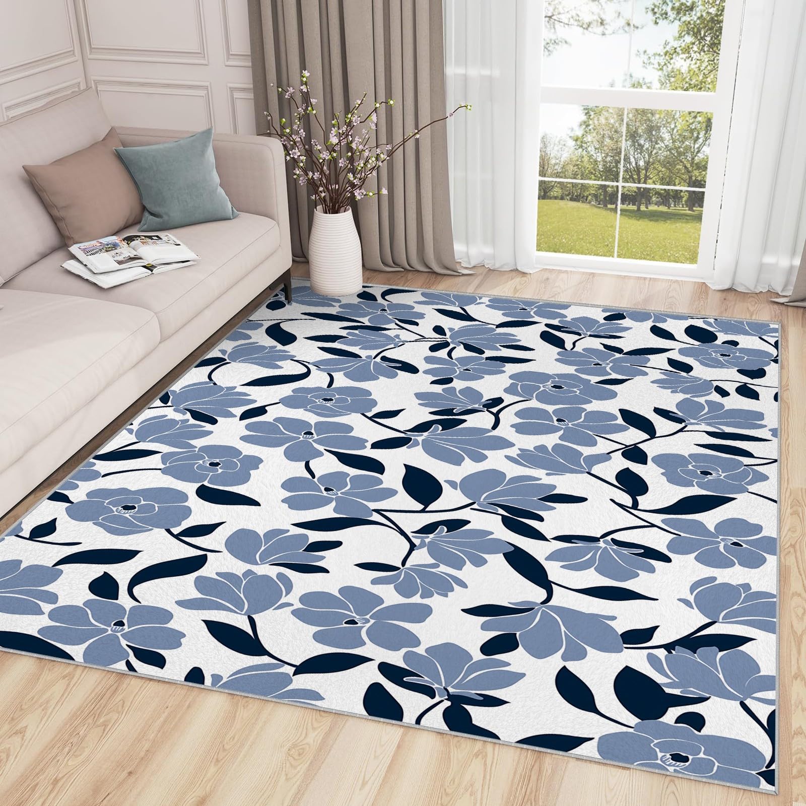 Grand tapis intérieur doux floral bleu pour chambre et salon QJ29
