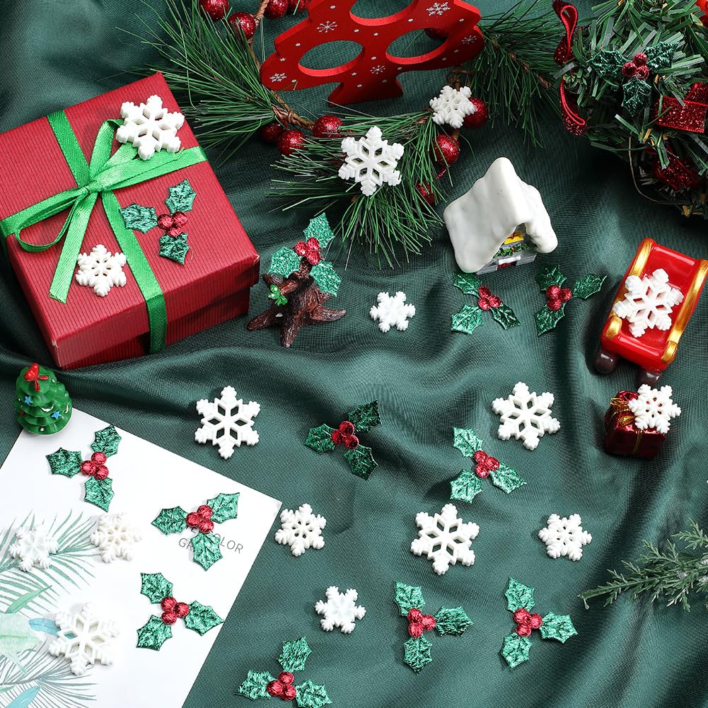 SUNNYCLUE Schneeflocken-Charms, Stechpalmen-Verzierung, Großpackung mit Schneeflocken, Weiß, Winter, Weihnachten, Blätter, Beeren, Glitzer, Mini-Dekor, Stoff, Cabochon für Scrapbooking, Ornamente