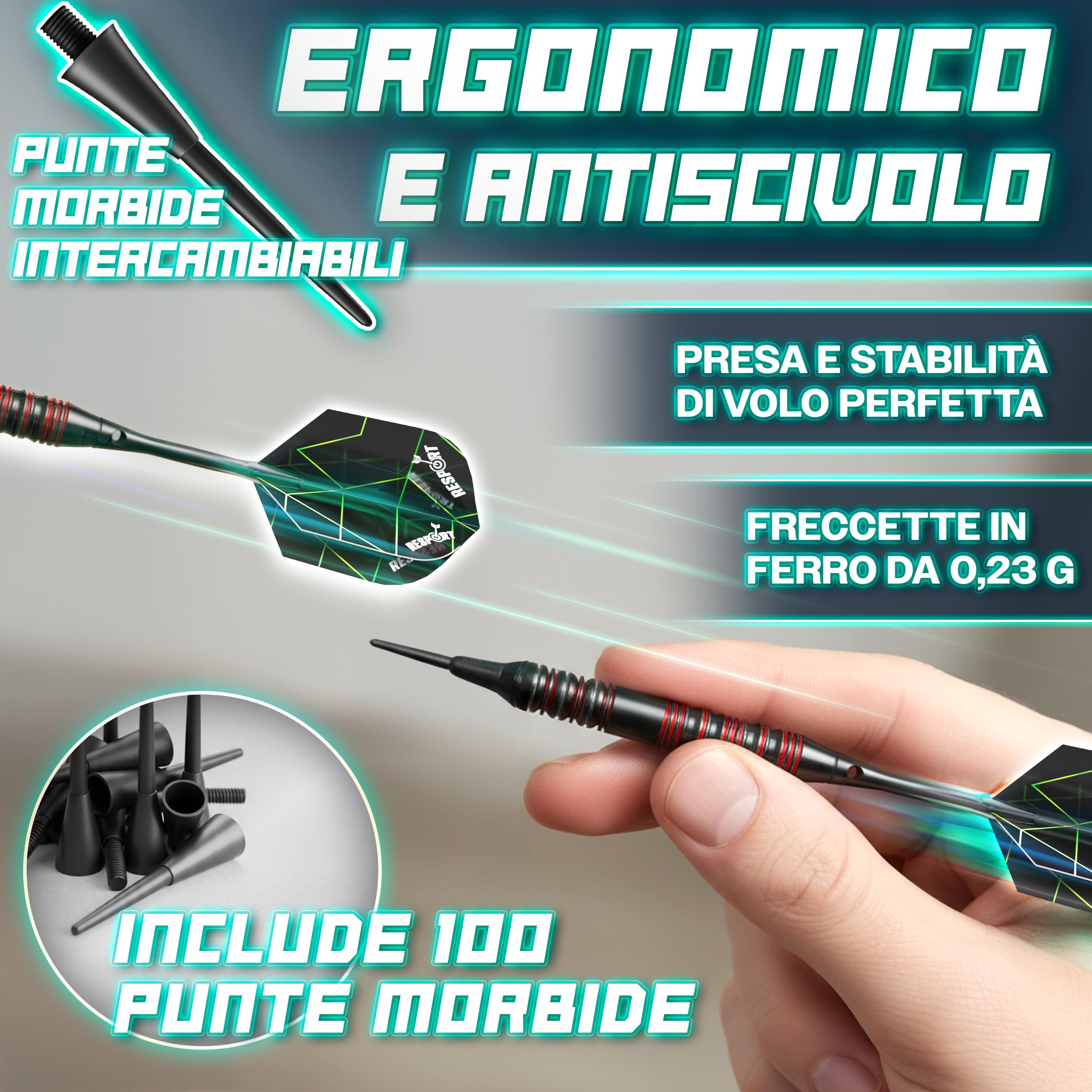 RE:SPORT® Bersaglio elettronico per freccette, set professionale con 12 freccette + 24 ali Pro + 100 punte per freccette e accessori | E Dartautomat per 1–8 giocatori con 427 varianti | Bersaglio