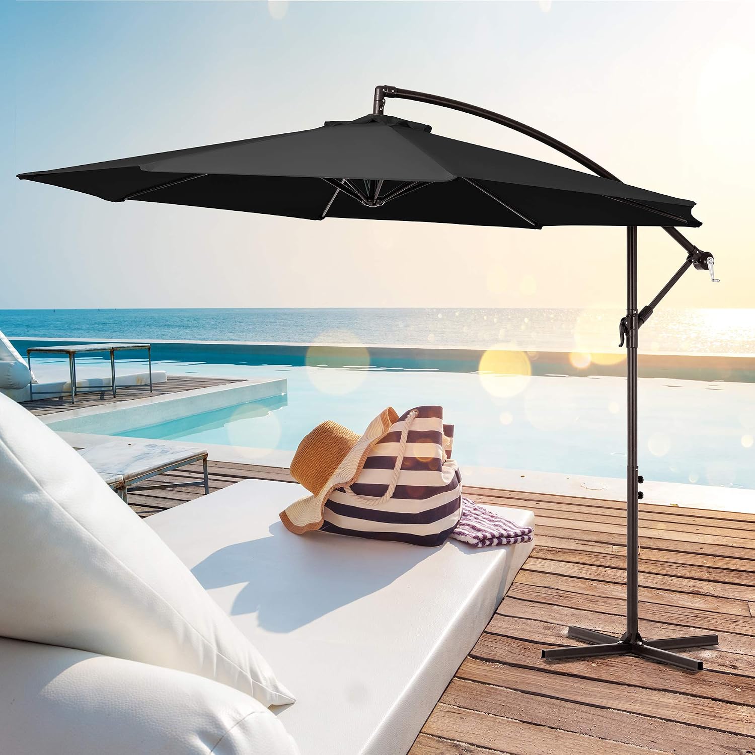 SERWALL 10ft Patio Offset Umbrella Outdoor Umbrellas Cantilever Umbrella Hanging Market Umbrella with Crank, Cross Base & 8 Sturdy Ribs (Black)