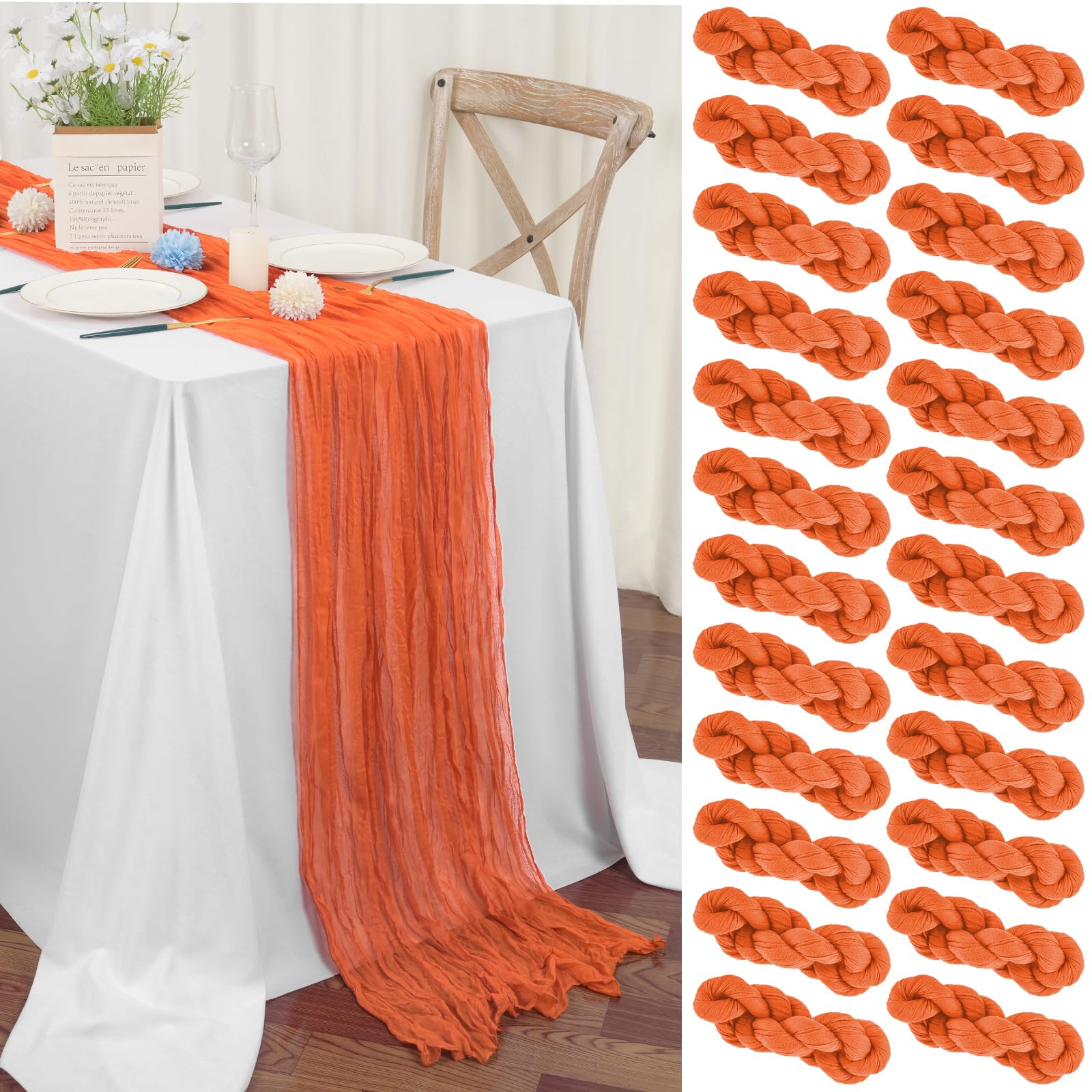 Teruntrue 24 Pack Orange Cheesecloth Table Runner 45x275 cm Boho Gauze Cheese Cloth Table Runner for Wedding Party Baby Bridal Shower Birthday Decorations — image 1
