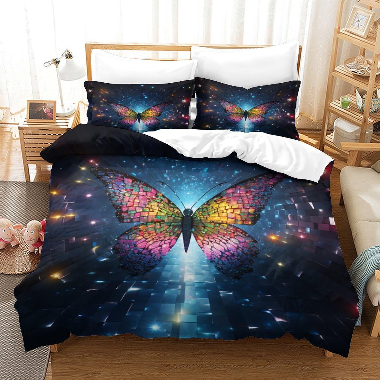 P1S9U7W5Y Magical Butterfly 3D Printed Microfiber 3 Piece Duvet Cover Set Bedroom Decor Colorful Butterfly Bedding Set Soft Breathable for Adults Gift Double（200x200cm）