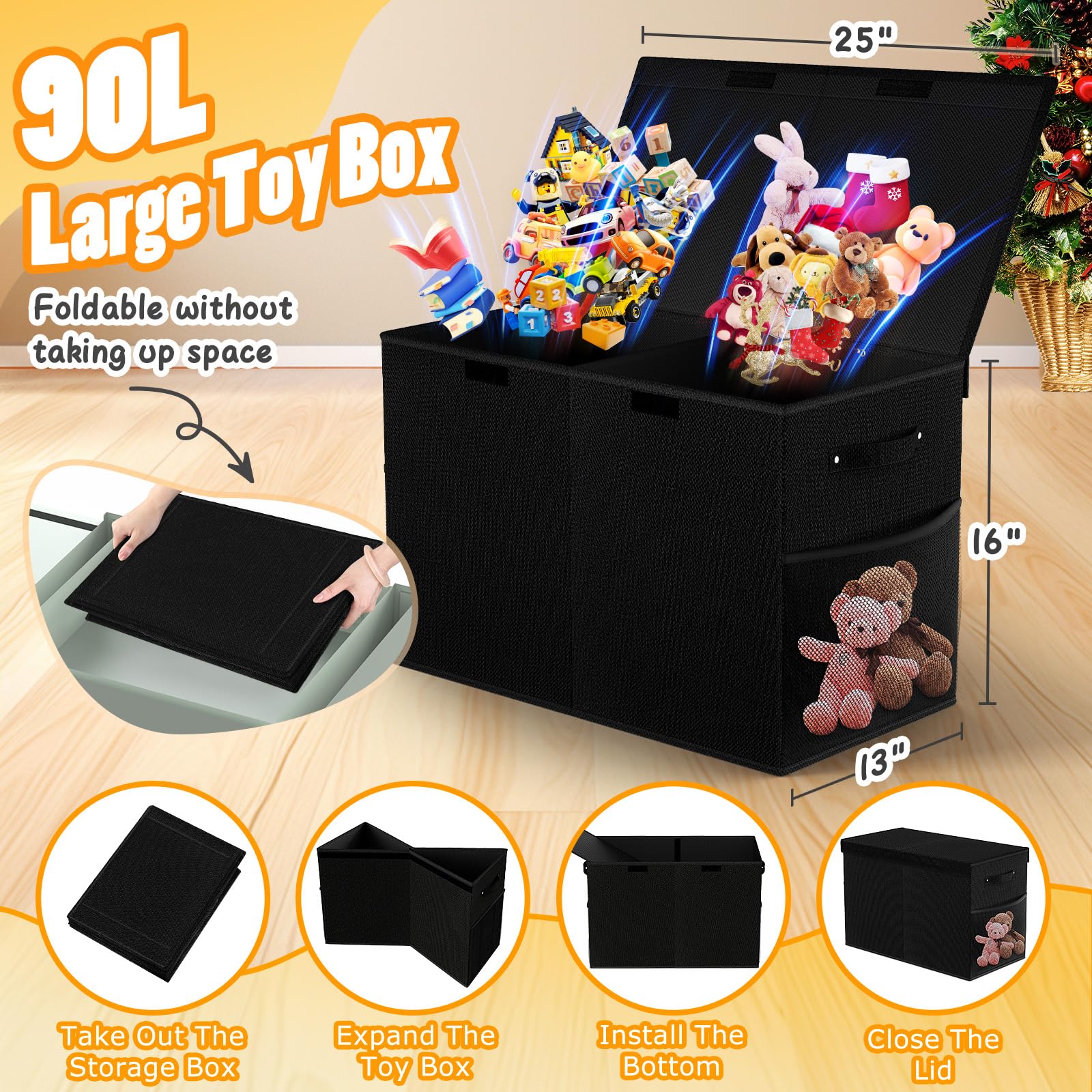 Rocamdo Caja de juguetes extra grande con tapa, organizador de almacenamiento de juguetes plegable con divisor extraíble para niños, niñas, cuarto de bebé, sala de juegos, armario, 25 x 13 x 16