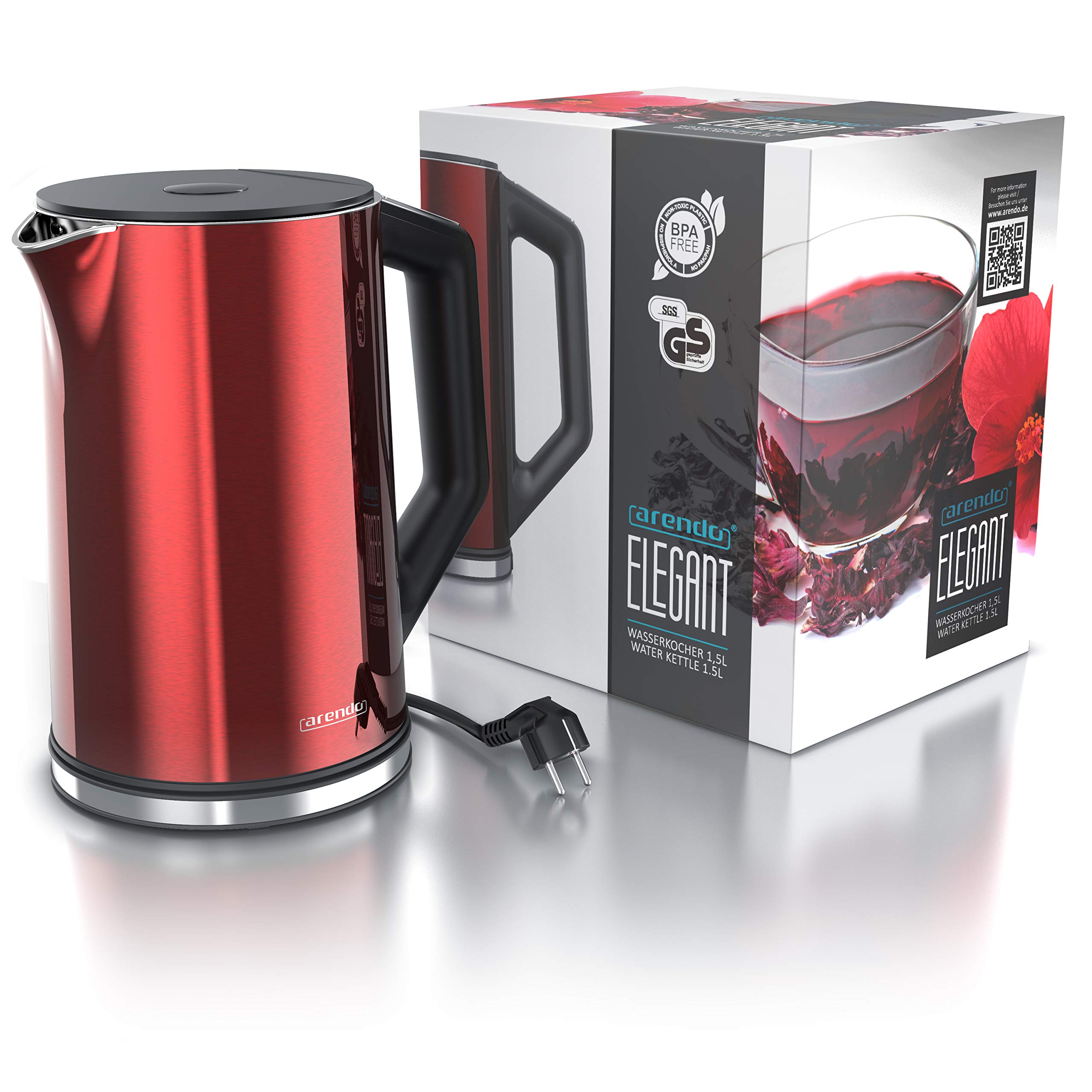 arendo - Bollitore Acqua Elettrico da 1.5L 2200W - Eco Controllo Temperatura - Temperatura Regolabile 40-100°C - Parete Doppia - in Acciaio Inossidabile - Senza BPA - Rosso
