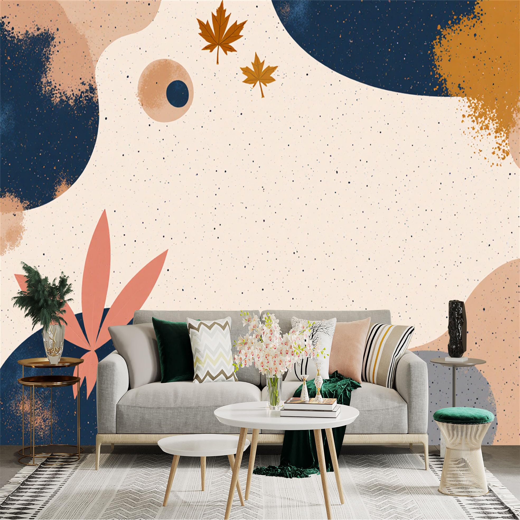 Custom Size Wall Sticker Mural， Abstract Minimalist Art， Beige Background with Fall Leaves and Organic Shapes， for wall Decoration， peelandstick wall Decals.