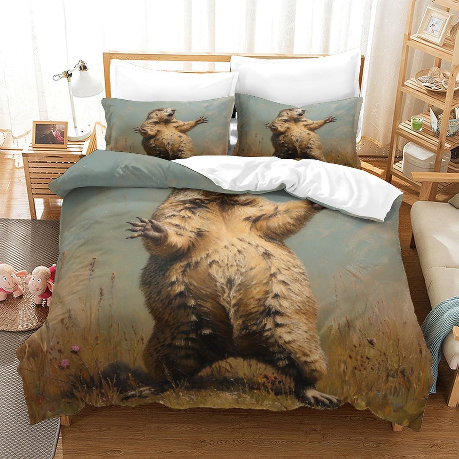 Parure de lit marmotte 3D idéale pour créer une ambiance chalet cocooning dans votre chambre