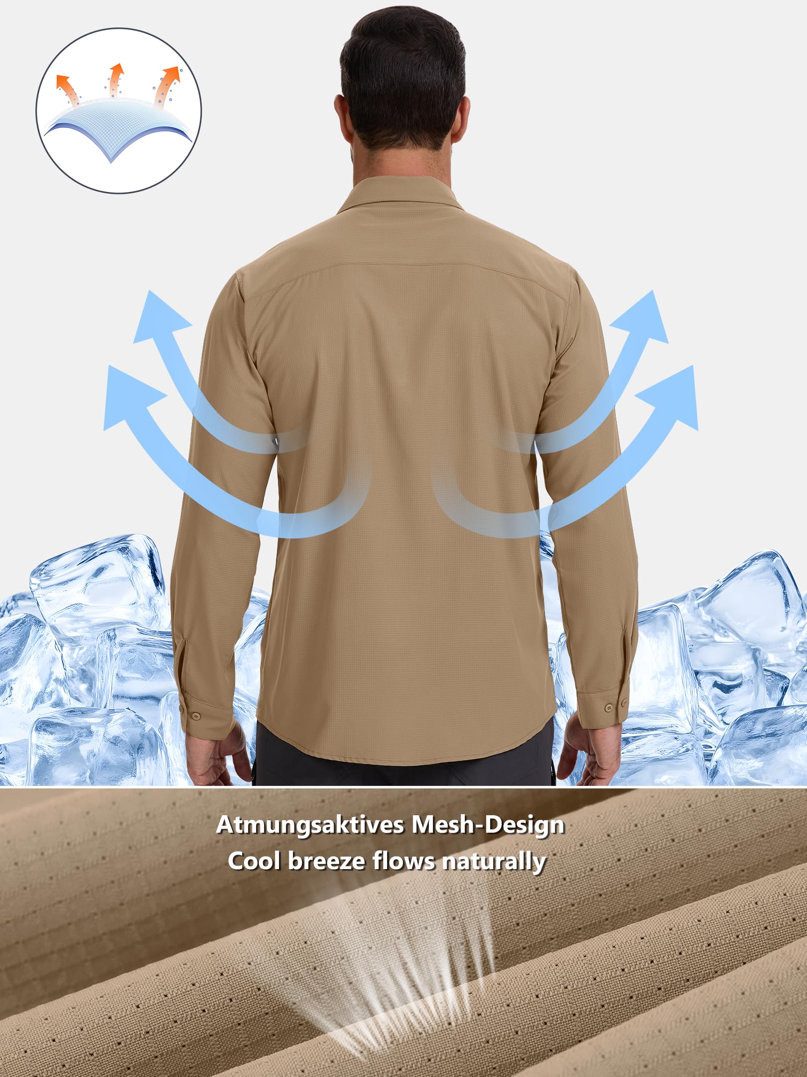 Safari Hemd Herren UPF50+ UV Schutz Outdoorhemd Wanderhemd Herren Funktionshemd Atmungsaktiv Schnelltrocknend Freizeithemd Button-Down-Hemden