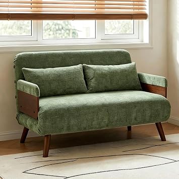 Convertible Sofa Chair, Green Velvet Single Sofa Bed, Modern Mid-Century Design, 3-in-1 Reclining Chaise Lounge, Sleeper Bed with Wooden Frame (110CM)