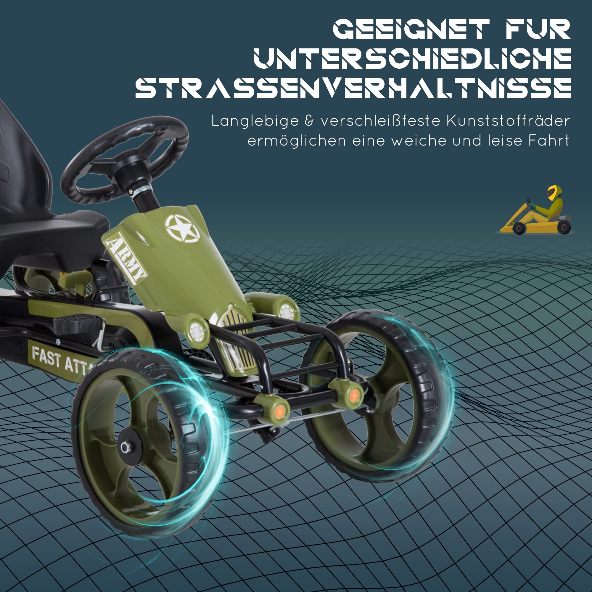 HOMCOM Go Kart mit Handbremse für Kinder 3-6 Jahren 105 x 54 x 61 cm Grün | Tretauto Tretfahrzeug, Vor- und Rückwärtsgang, Kinderfahrzeug Kettcar, Verstellbarer Sitz