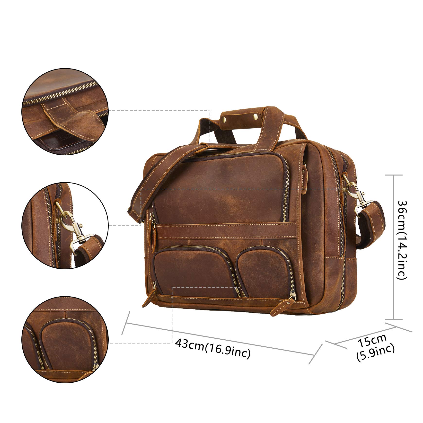 Maletín de cuero genuino para hombre Bolso bandolera para portátil de 15,6" Vintage bolso para negocios/viajes