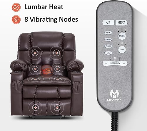 Miniatura 121 de MCombo Silla reclinable eléctrica de doble motor para personas mayores, silla elevadora plana con calor y masaje, portavasos, puertos USB, piel
