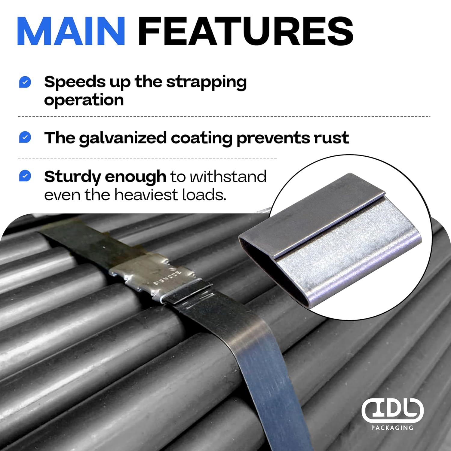 IDL Packaging 3/4" Closed (Push Type) Seals for Steel Strapping, Pack of 250 - USA-Made Sturdy Metal Clips for Securing Heavy Packaging & Pallet Banding - Superior Holding Power for Steel Banding Jobs