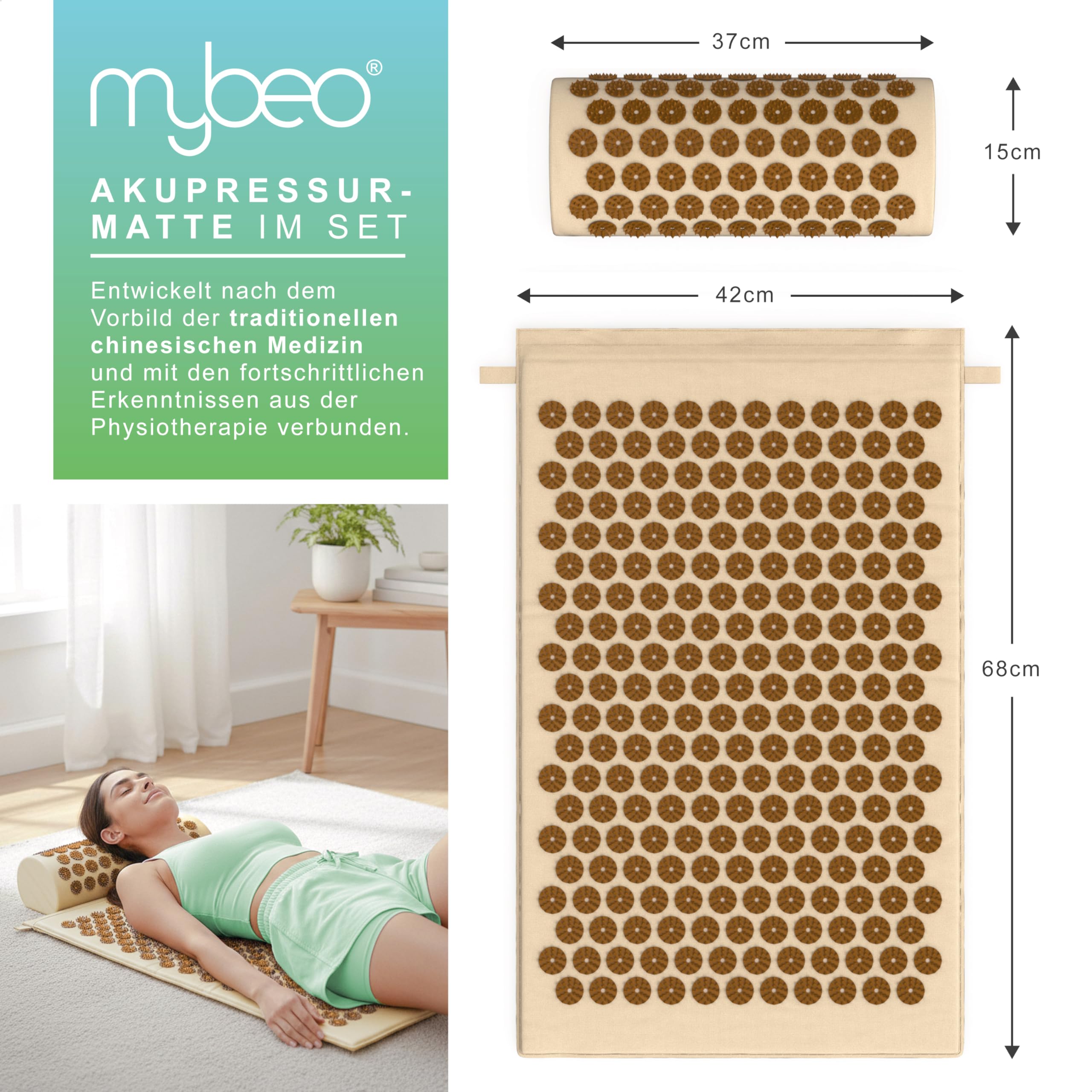 Akupressurmatte aus Nuturfasern - mit Kissen – Yantra Matte – zur Linderung von Rücken-, Nacken- und Fußschmerzen – mit Tragetasche – Nadelmatte – zur Tiefenentspannung - inkl. Nackenkissen