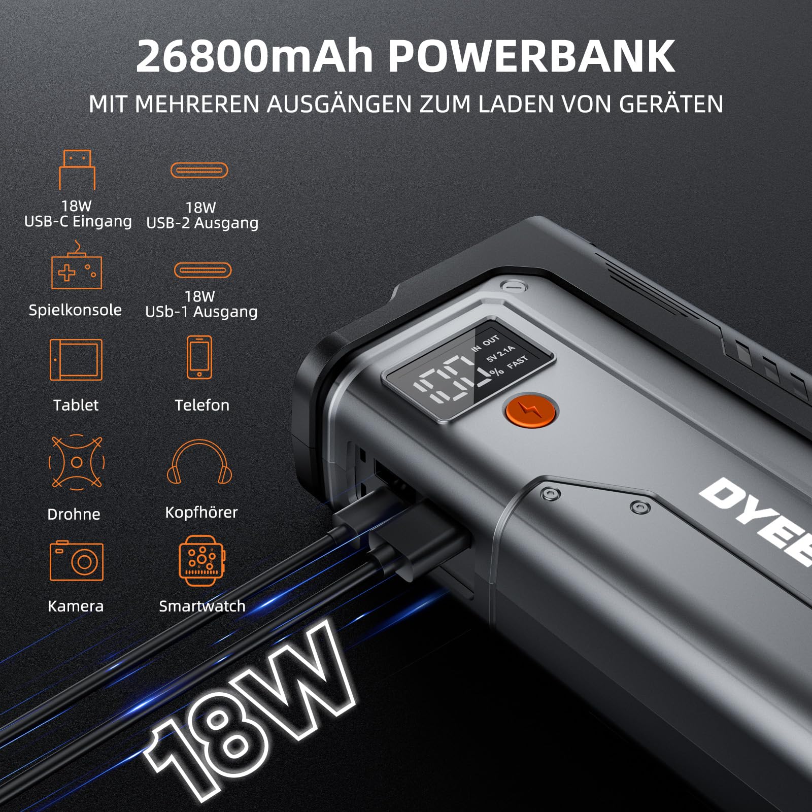 D16 Starthilfe Powerbank für Pkw, 8000A 12V Auto Batterie Booster für All Benzin /12L Diesel mit LED Taschenlampe, Tragbare Starter Powerbank mit Starthilfekabel