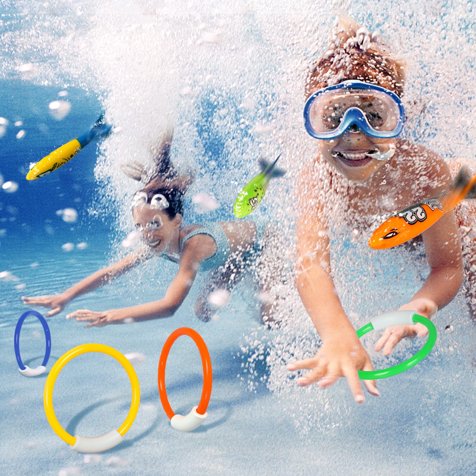 Underwater Pool Diving Toys, 8 Pcs Water Pool Toys for Kids Ages 4-8 8-12 Diving Rings and Pool Torpedo Set Training Dive Rings Swim Toys - Image 4
