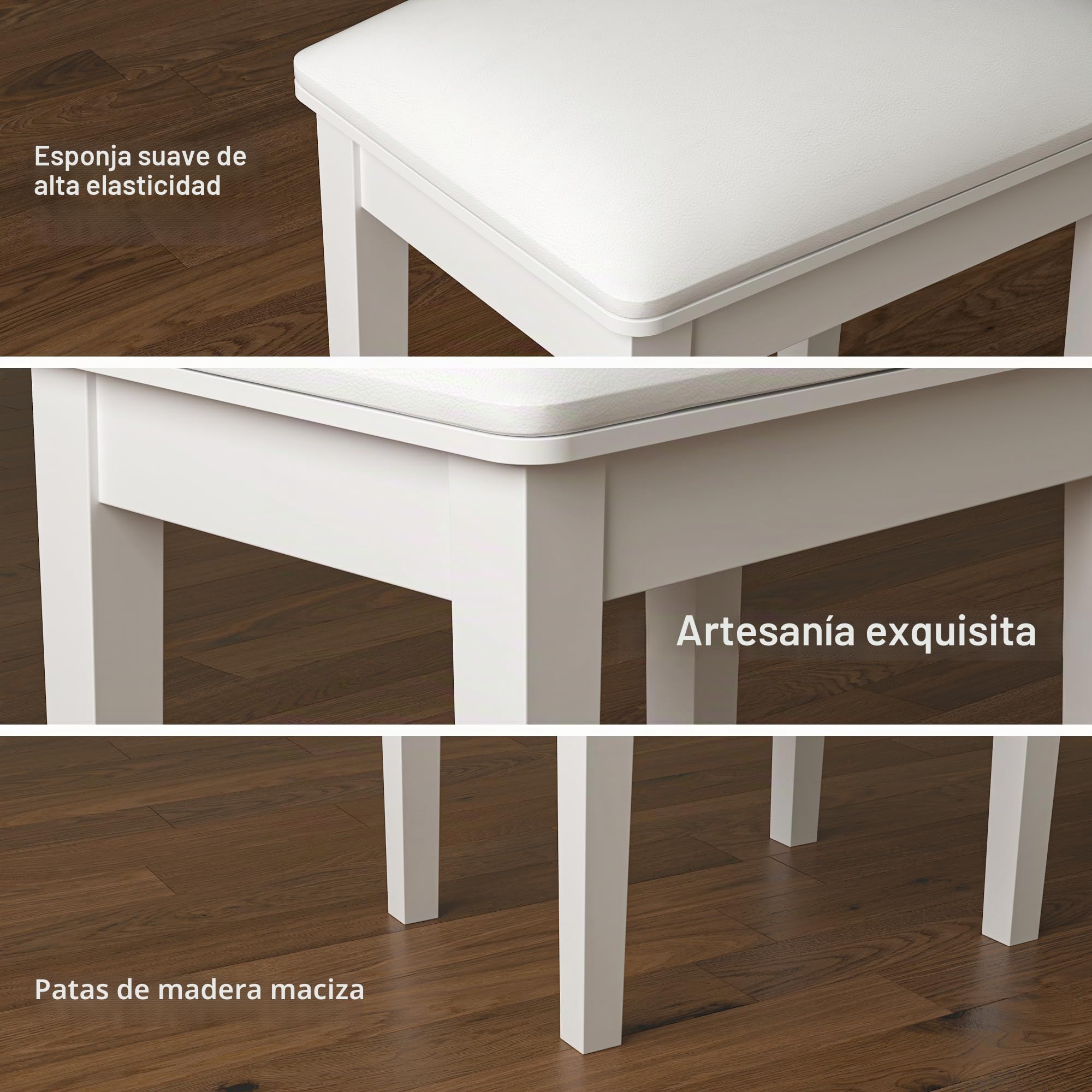 Taburete de madera con cojín de poliuretano, asiento de piano para maquillaje, color blanco