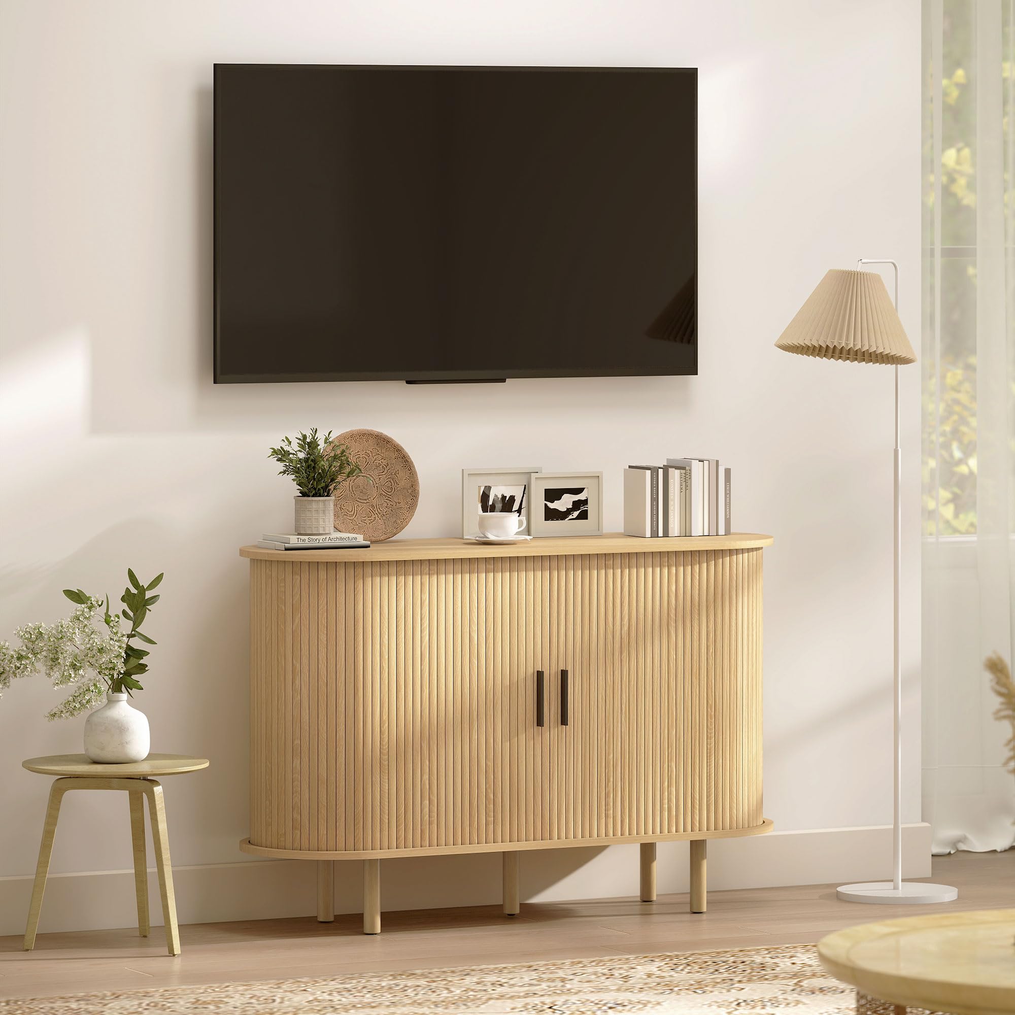 HOMCOM Aparador con Puertas Tambour Deslizantes, Aparador para Salón Moderno, con 4 Compartimentos y Patas de Madera, para Cocina, Entrada, Dormitorio, Roble, 120x40x78 cm