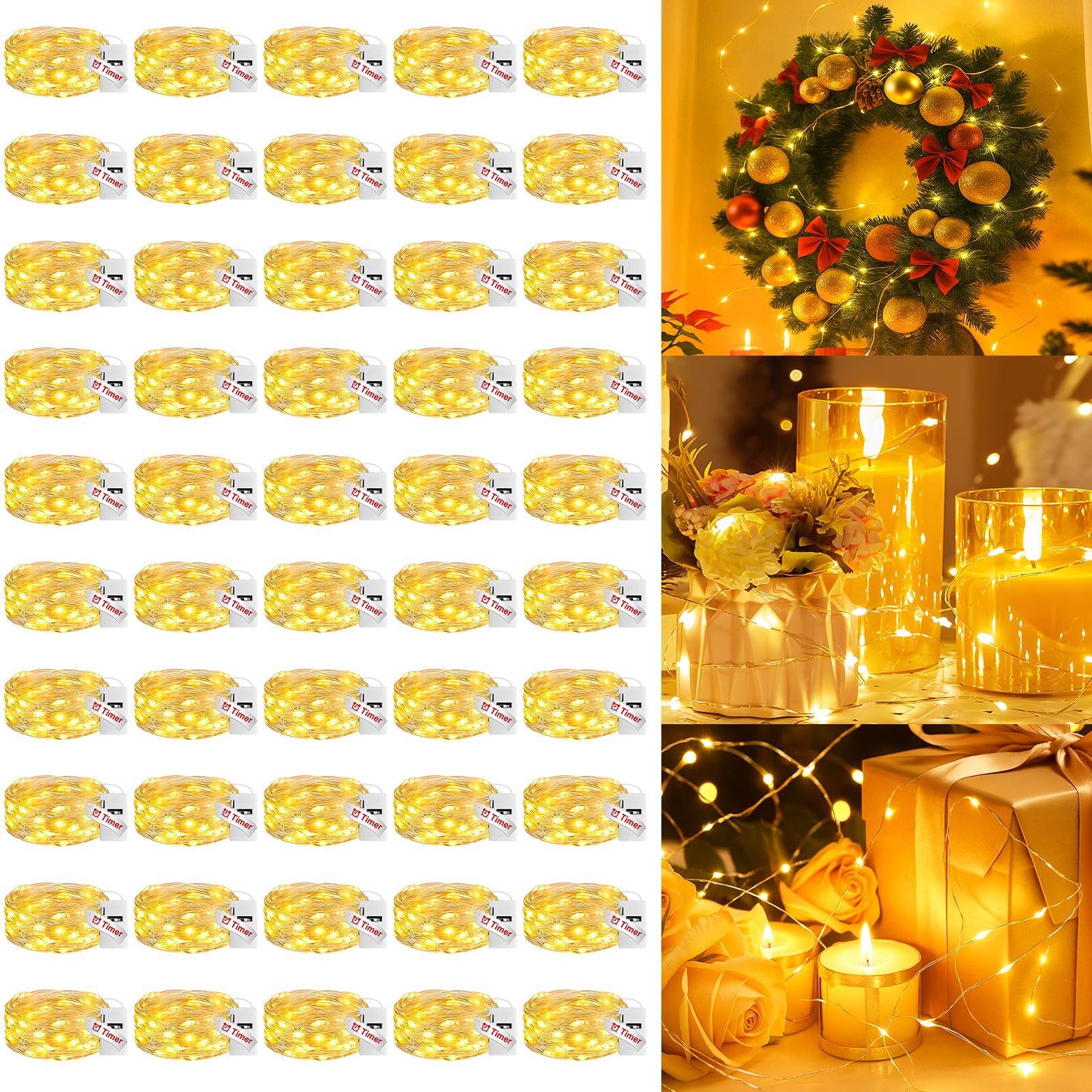 Litogo Paquete de 50 luces de hadas que funcionan con pilas, con temporizador, 20 LED, 3 modos de luz parpadeante, alambre plateado impermeable de 7 pies, mini tira de luces a granel, decoración para