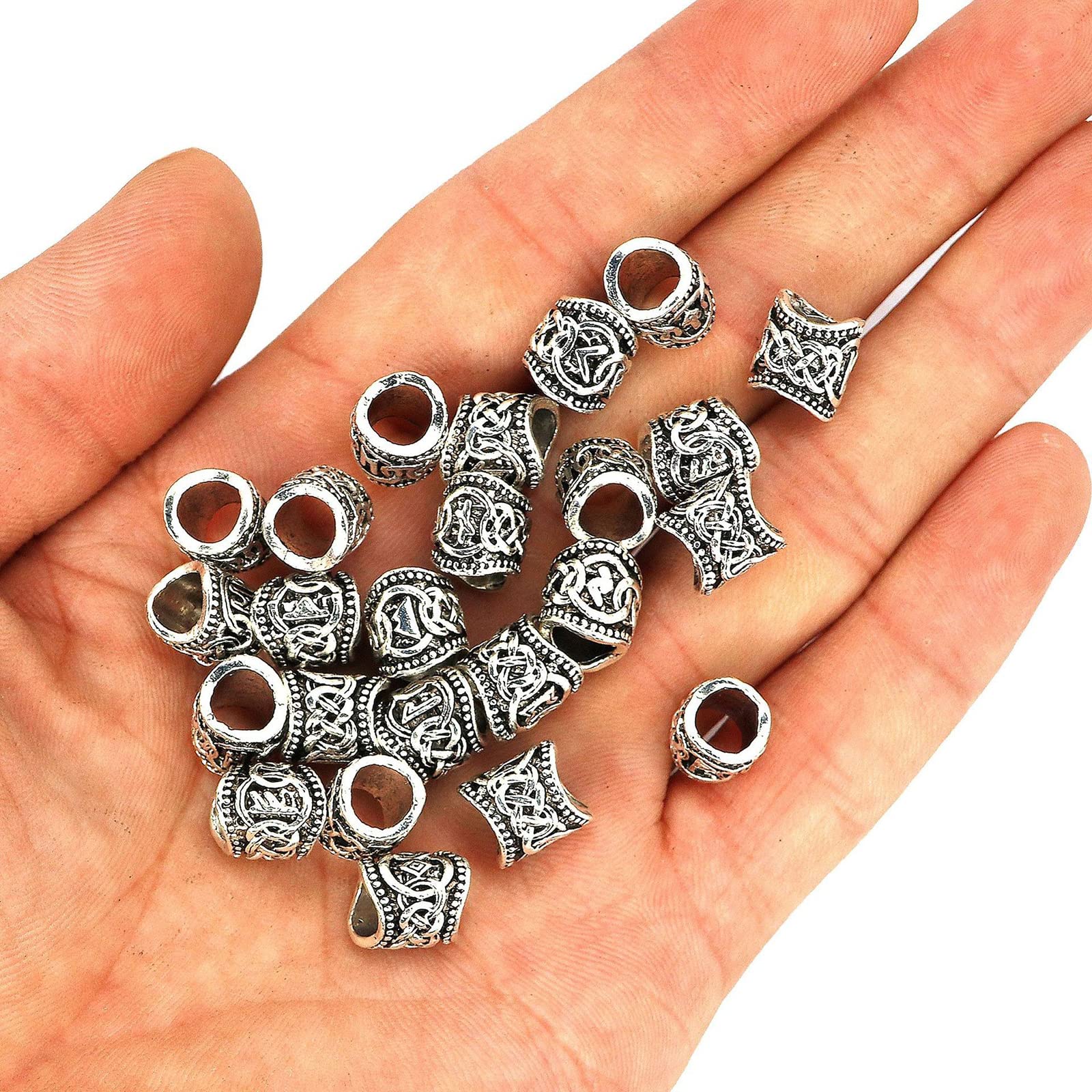 Perlas para barba vikingas, 24 unidades, 9 × 10 mm, perlas de runas vikingas, perlas vikingas, perlas para barba, vikingas para trenzas, collar, colgante de joyería (plata)