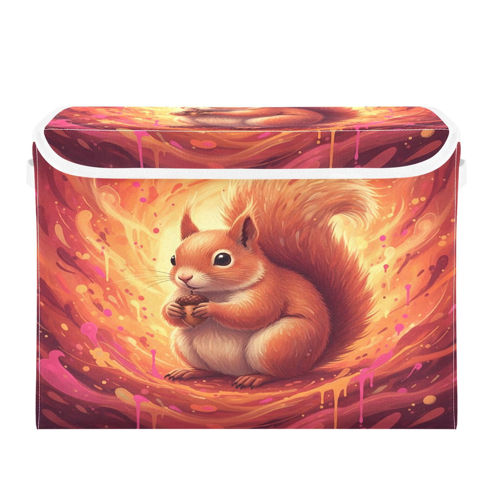 Cgiub Squirrel Storage Bins with Lids Decorative Fabric Storage Boxes with Handles Closet Organiser Foldable Baby Basket for Nursery Bedroom Office