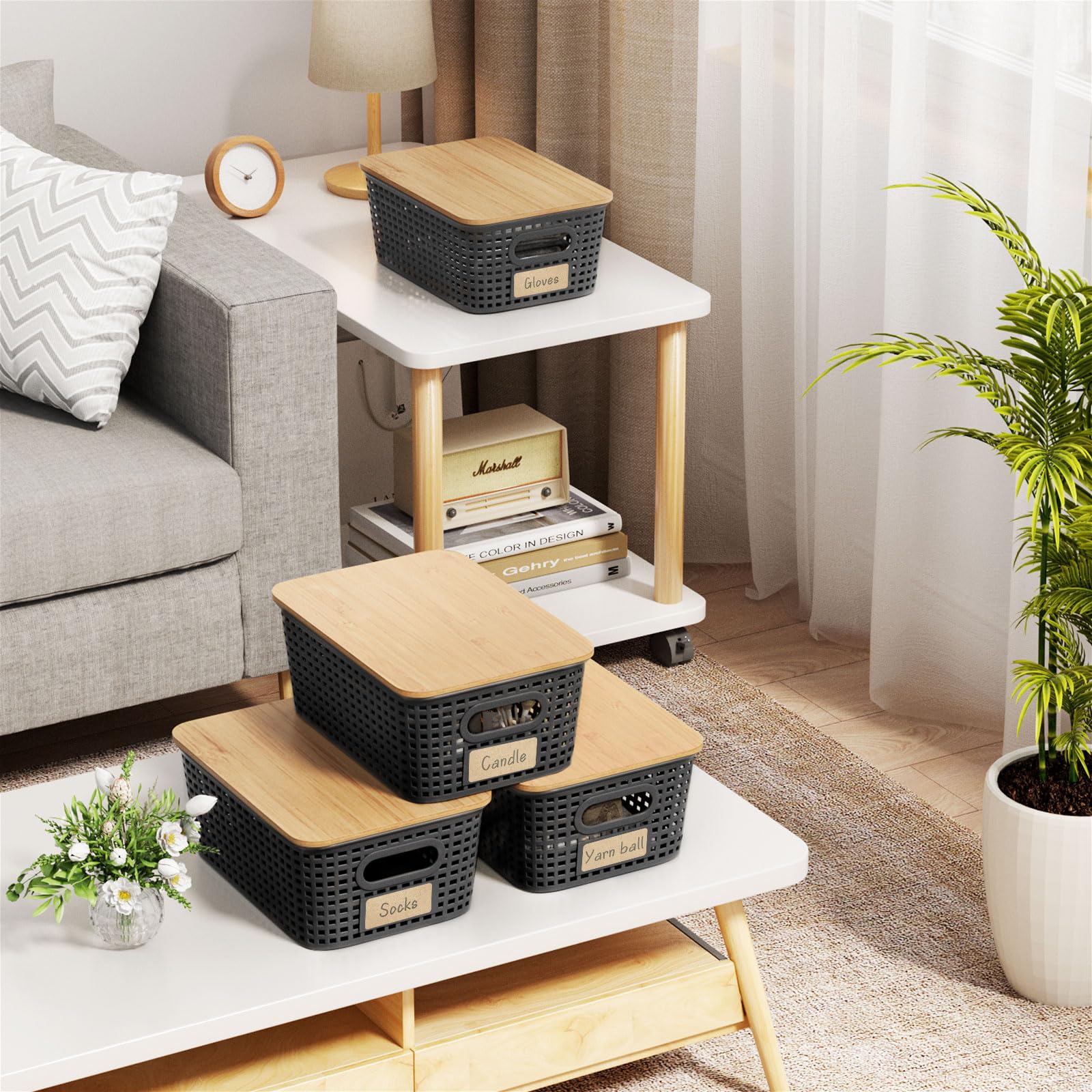 Gracie Oaks Storage Bins With Lids 6 Packs Plastic Storage Containers With Bamboo Lids Stackable Storage Baskets For Organizing Desktop Closet Playroom Classroom Officewhite C113203179
