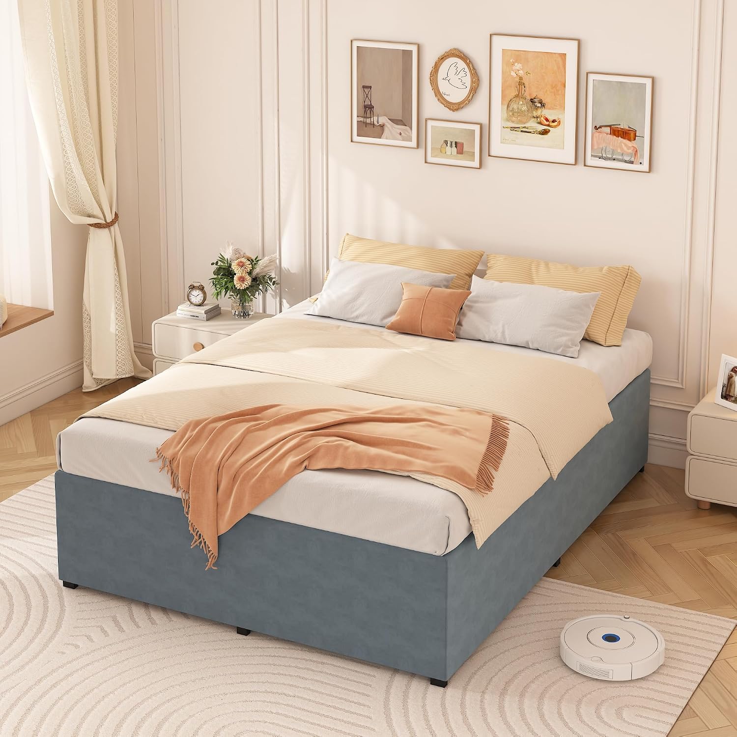 FMDMR 18 Inch Full Size Bed Frame, The Metal Platform Bed Frame Full with Fabric Cover Set, Heavy Duty Steel Slats Support, No Box Spring Needed, Under Bed Storage Space, Easy Assembly