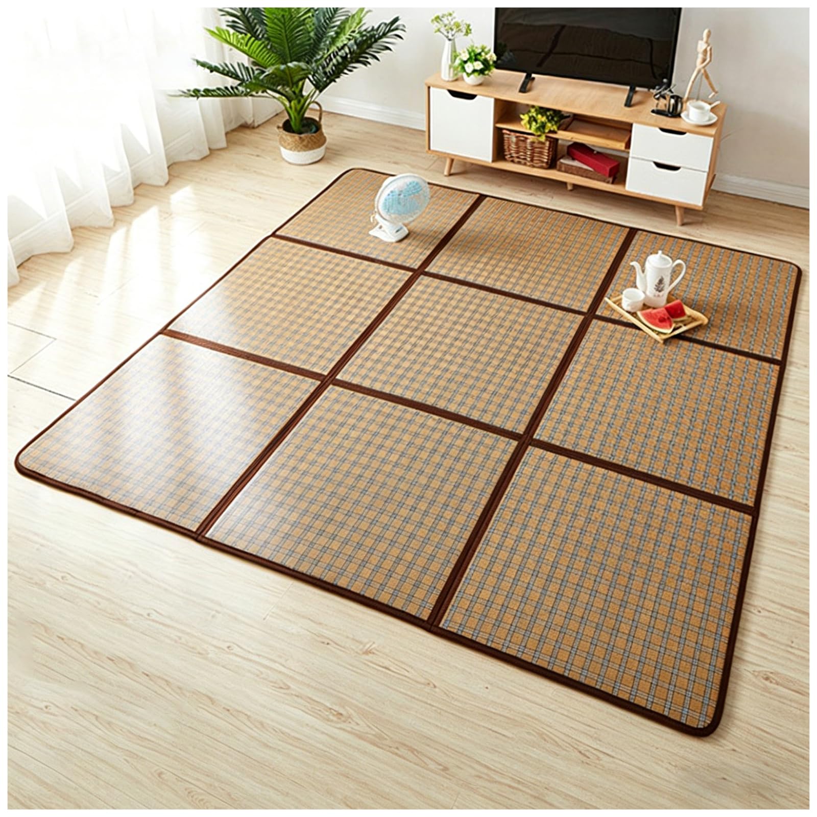 Tapis en rotin respirant et carré Tatami : lot de 8 dalles de sol pliables pour salon
