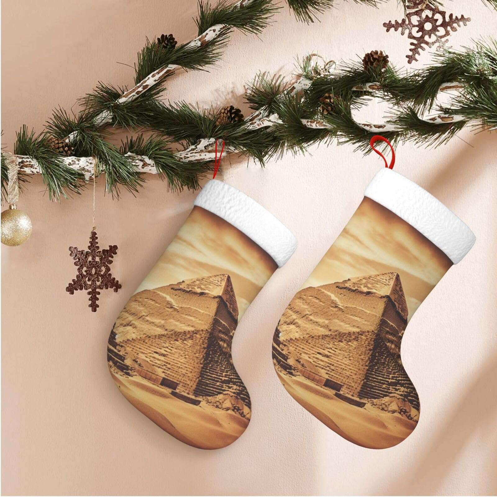 Fodpand Boys Black Vintage Great Egyptian Pyramid Christmas Stockings Hanging Ornaments For Holiday Decor, 18 Inches Velvet Xmas Stocking With White Plush Cuff, Candy Gift Bags For Christmas Decorations
