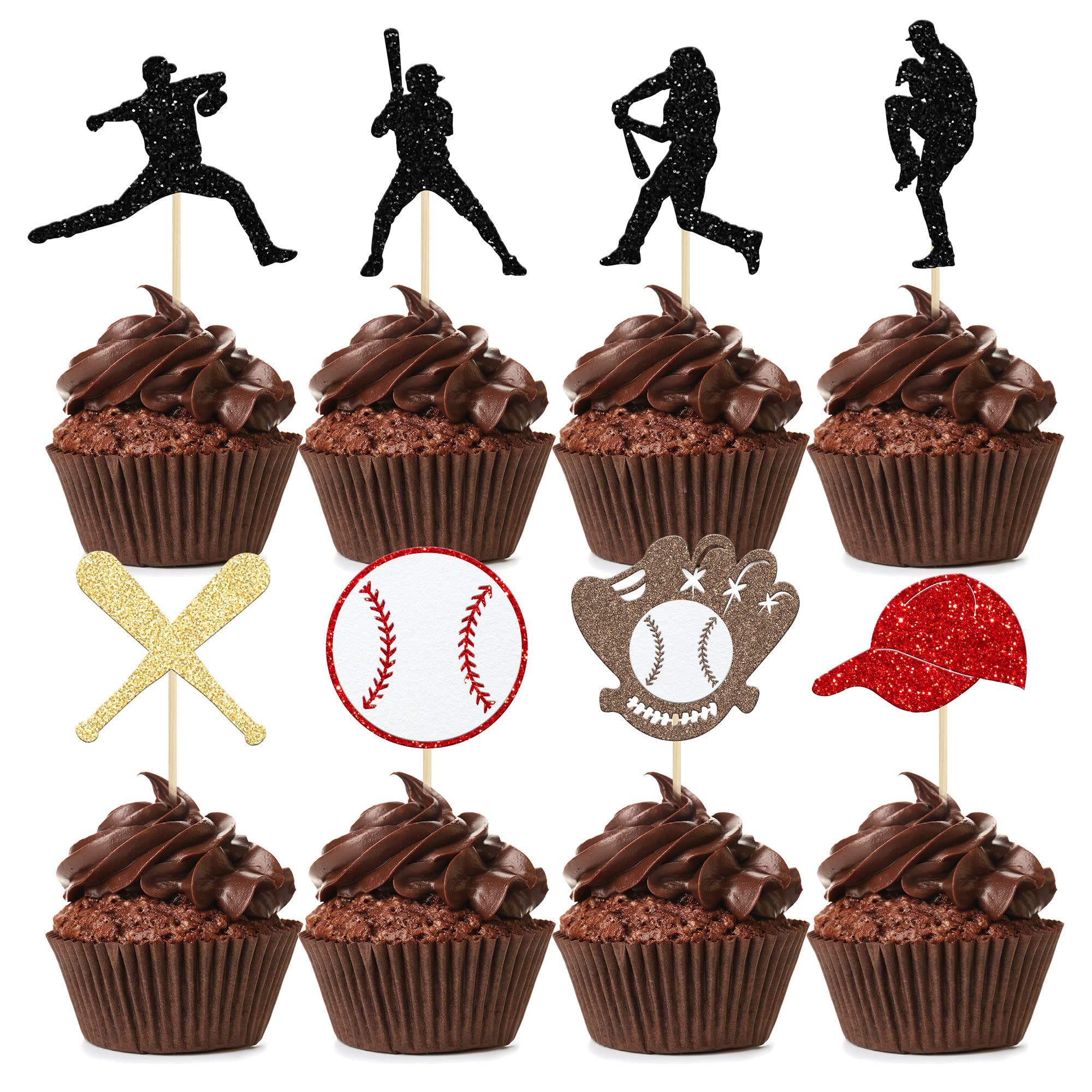 Amazon.co.jp: 24個 野球カップケーキトッパー グリッター 野球選手